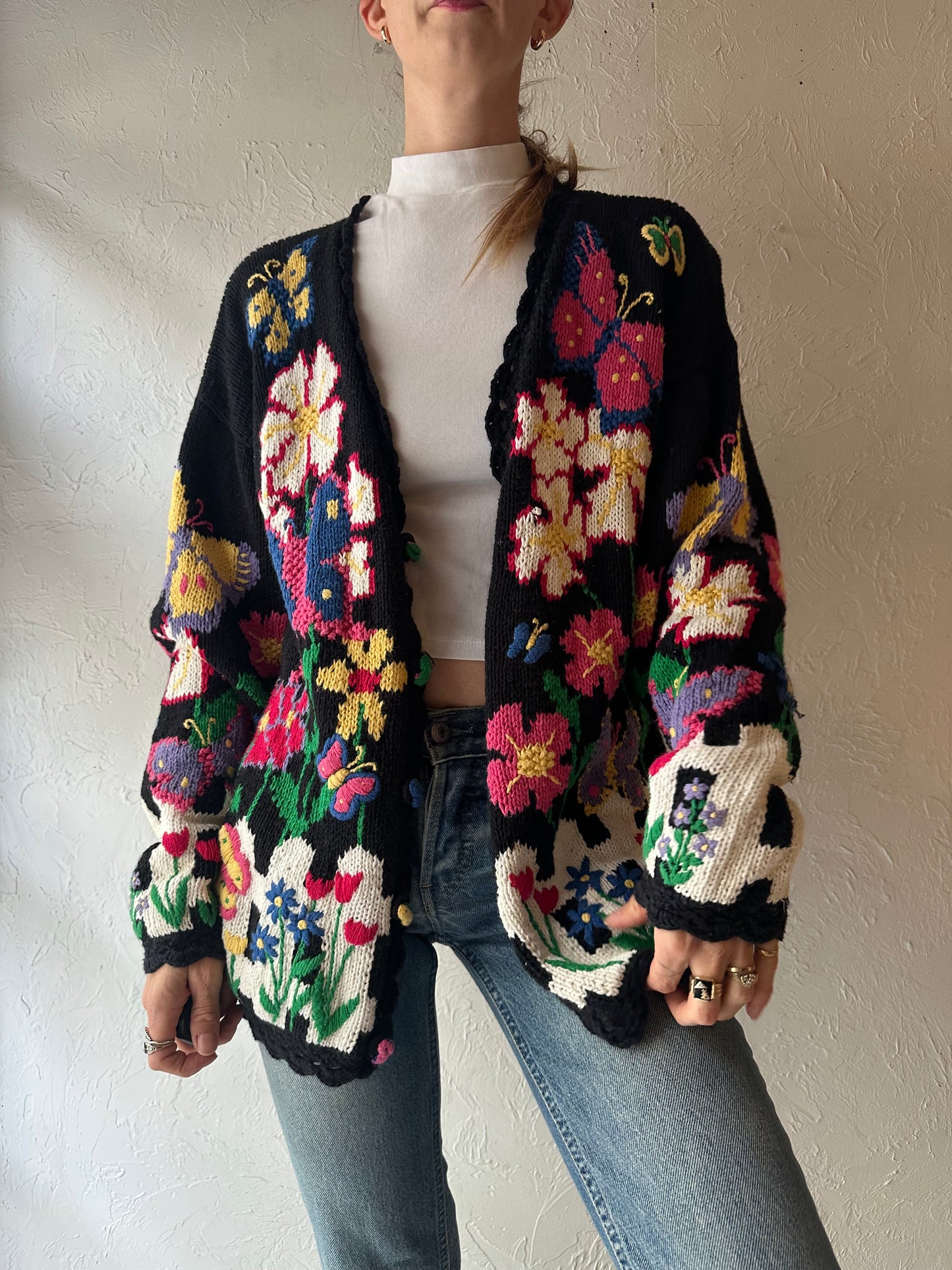 90s 'BBJ Sport' Floral Knit Cardigan Sweater / Medium