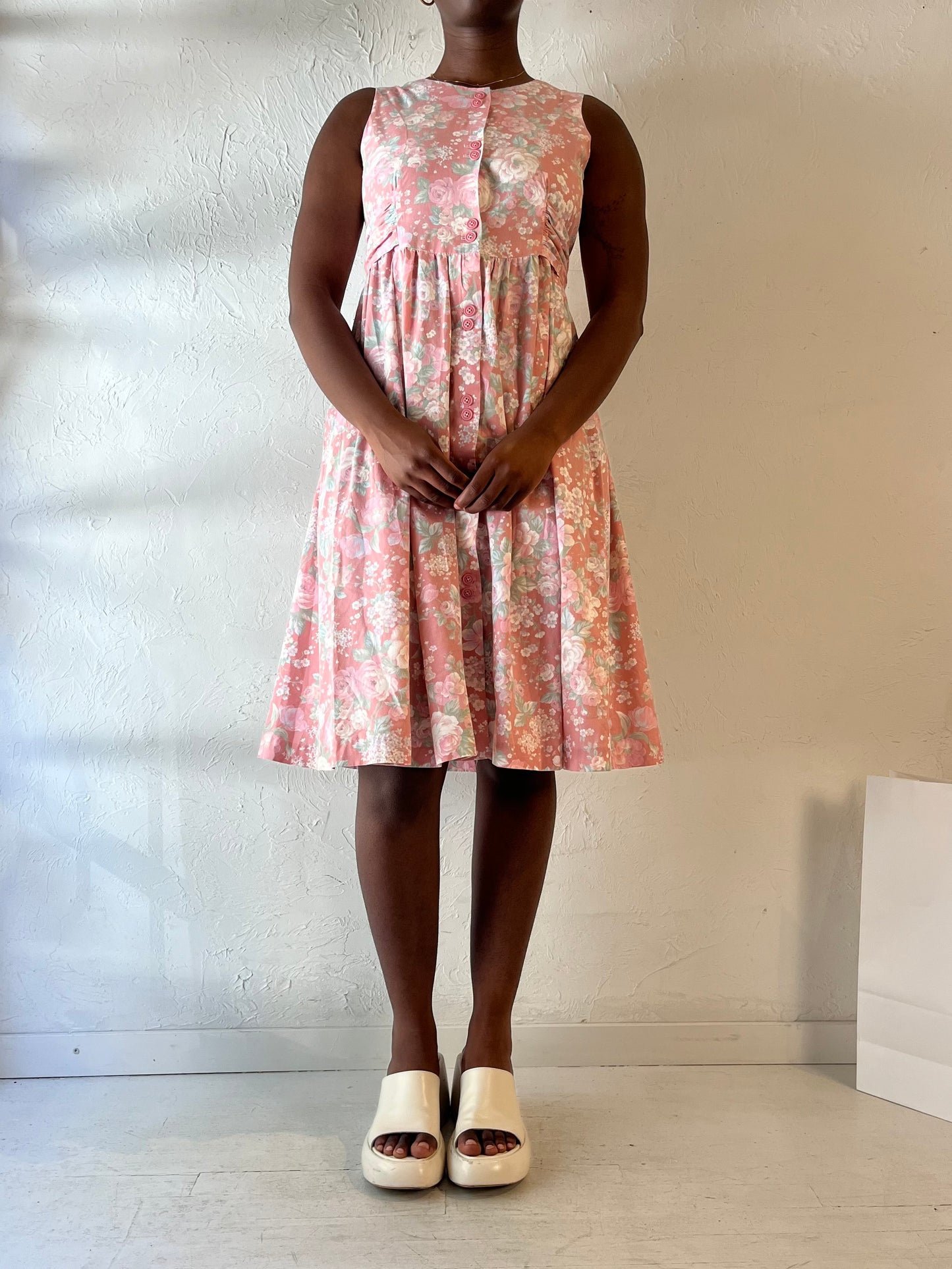 Vintage Handmade Pink Floral Midi Dress / Medium