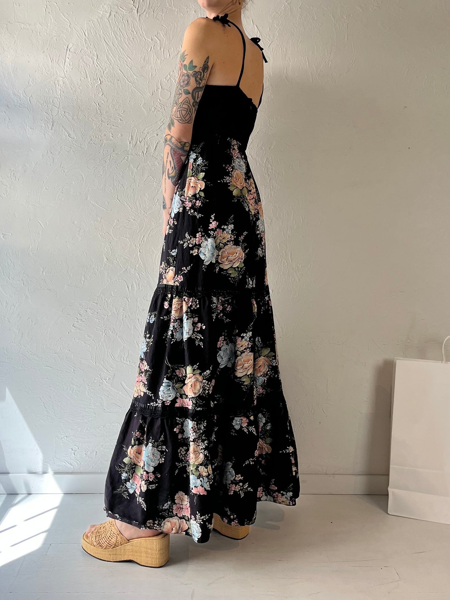 70s 'Candi Jones' Black Floral Print Dress / Small