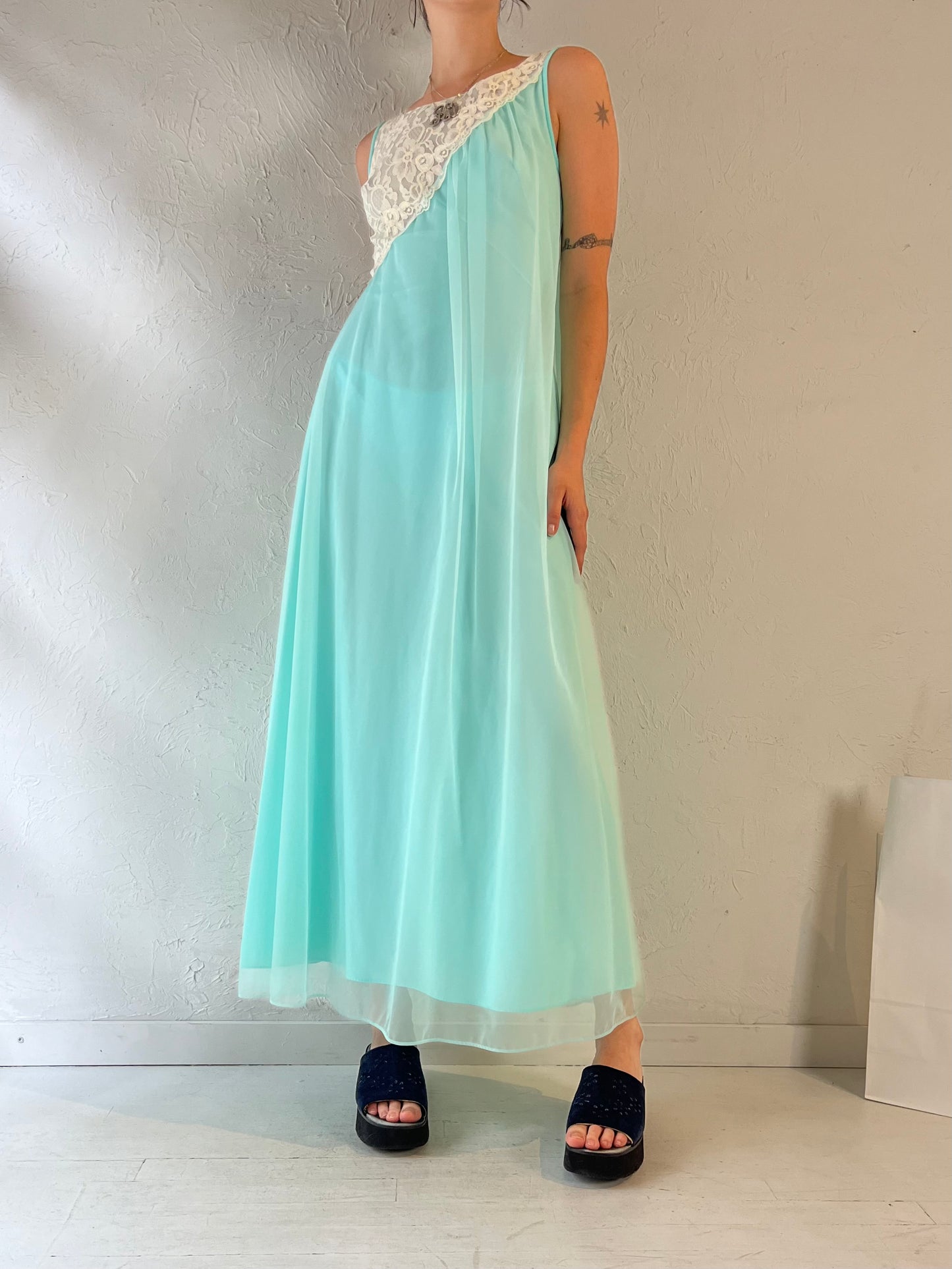 80s 'Linda Lingerie' Blue Night Gown Robe Set / Small - Medium
