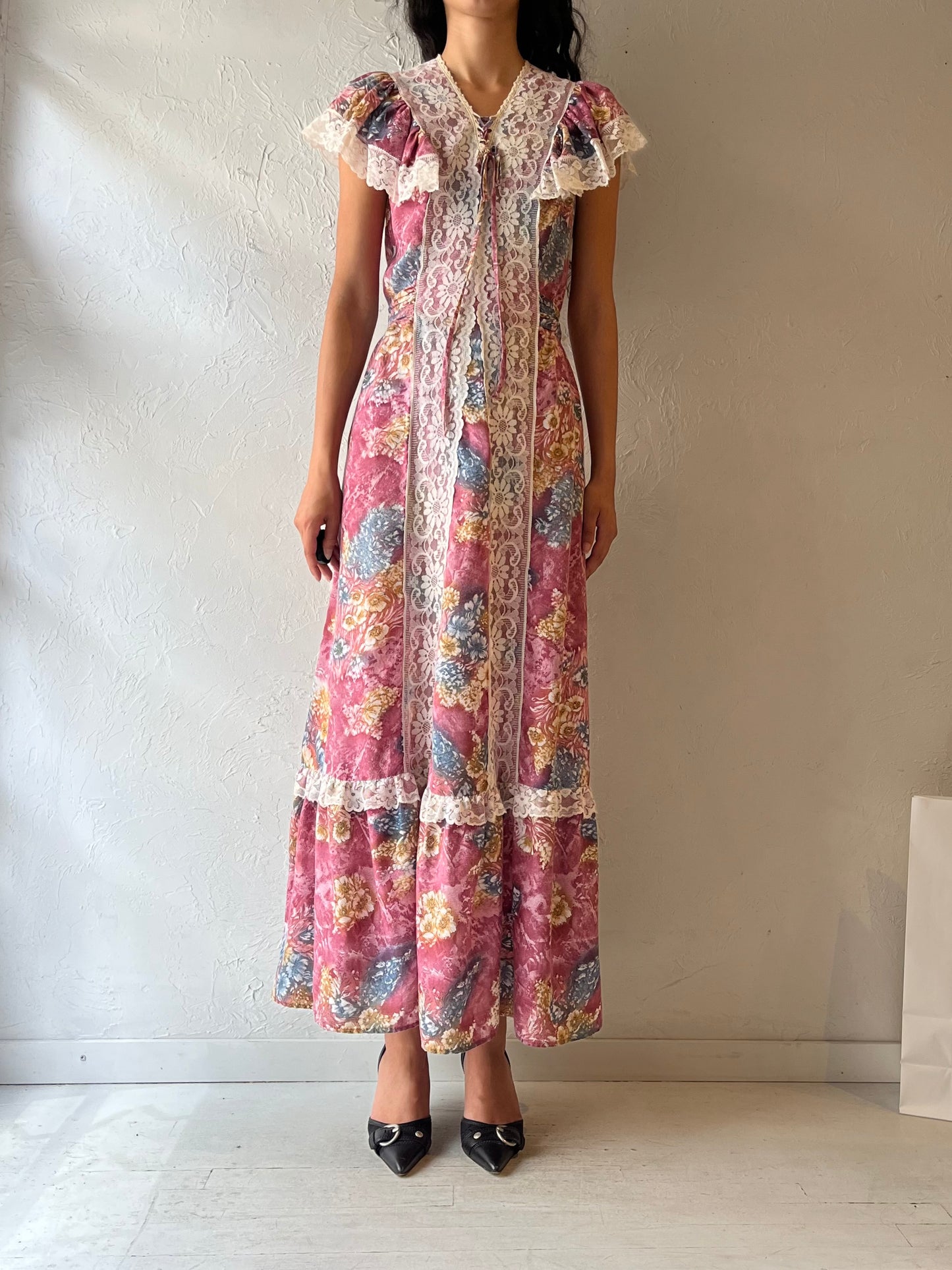 70s Floral Peasant Dress / Small