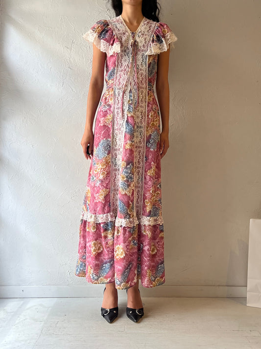 70s Floral Peasant Dress / Small