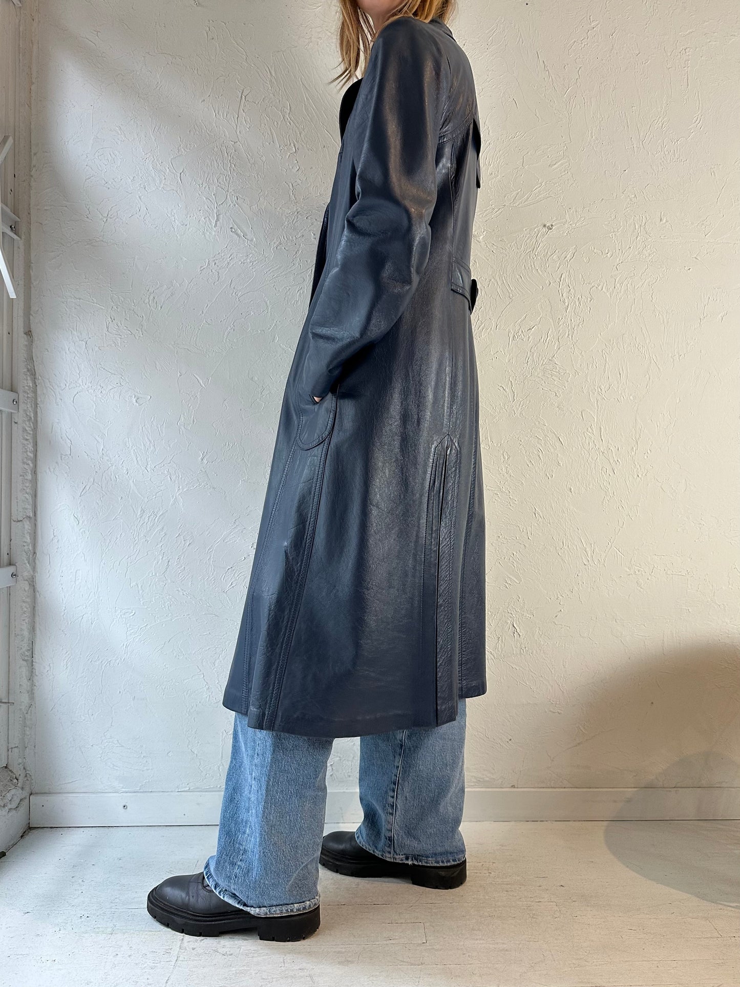 70s ‘Leather Factory’ Blue Leather Trench Coat / Medium