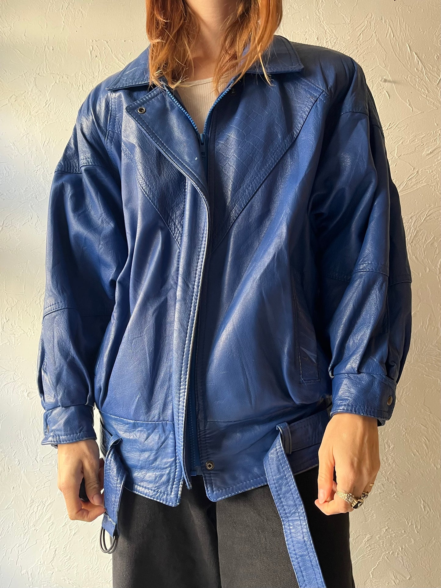80s Blue Leather Bomber Jacket / Small