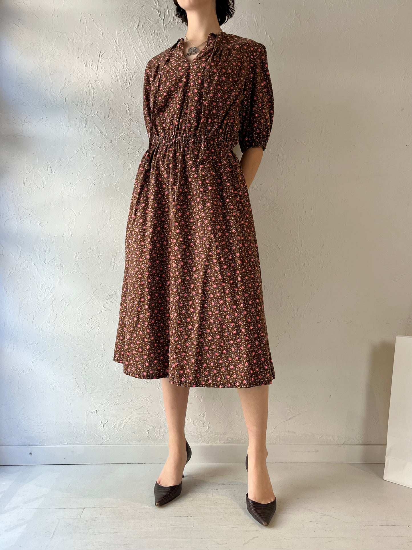90s Handmade Brown Floral Print Midi Dress / Medium