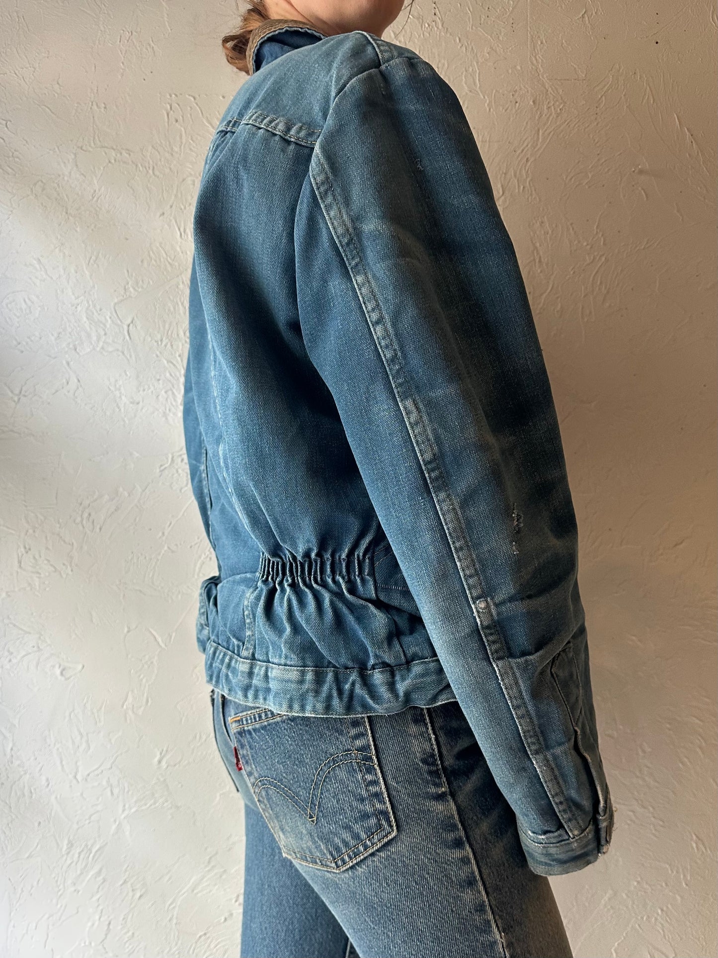 80s 'Three Bears' Faux Shearling Lined Demin Jacket / Medium