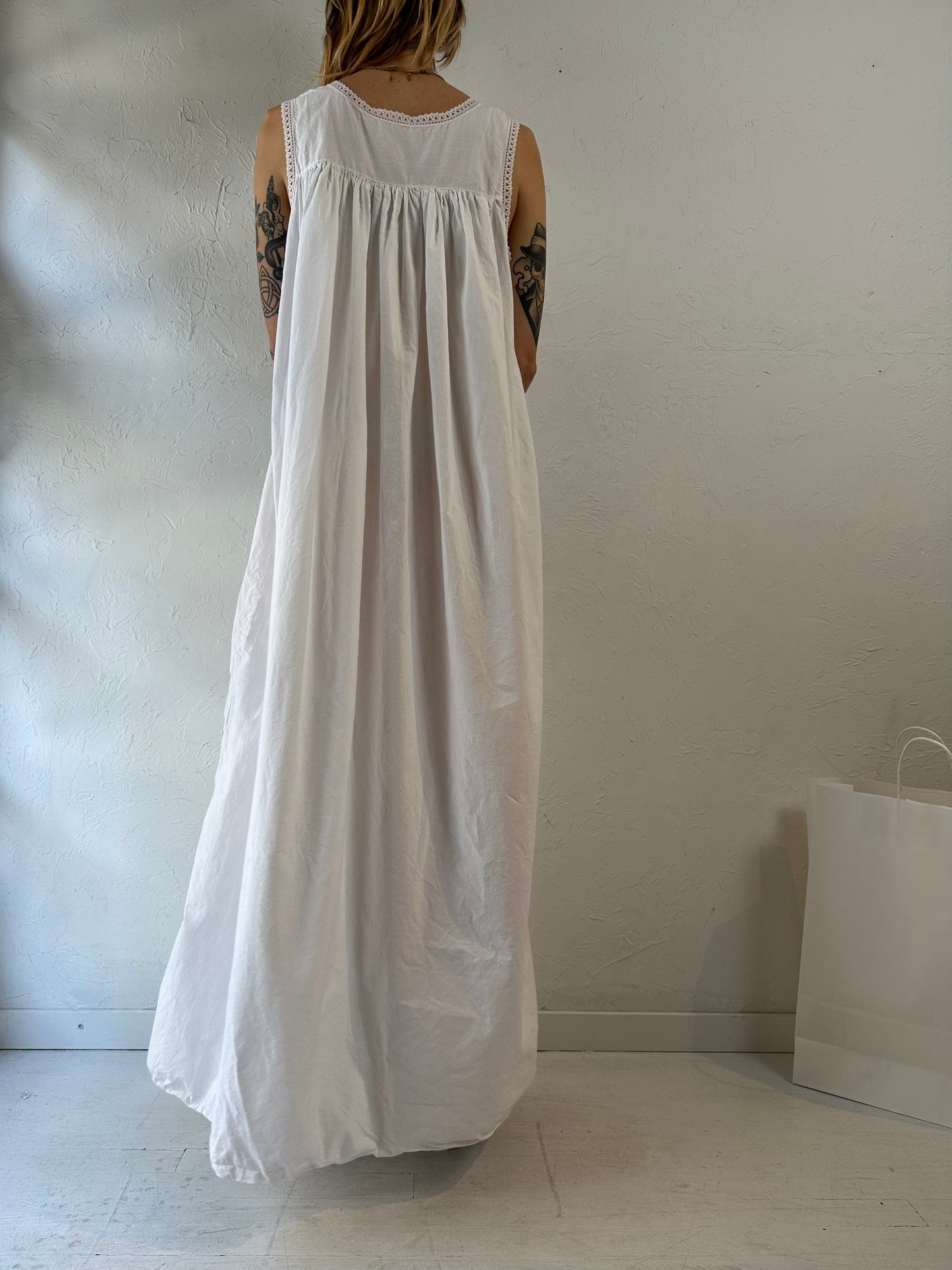 Vintage White Cotton Sleeveless Maxi Dress / Large