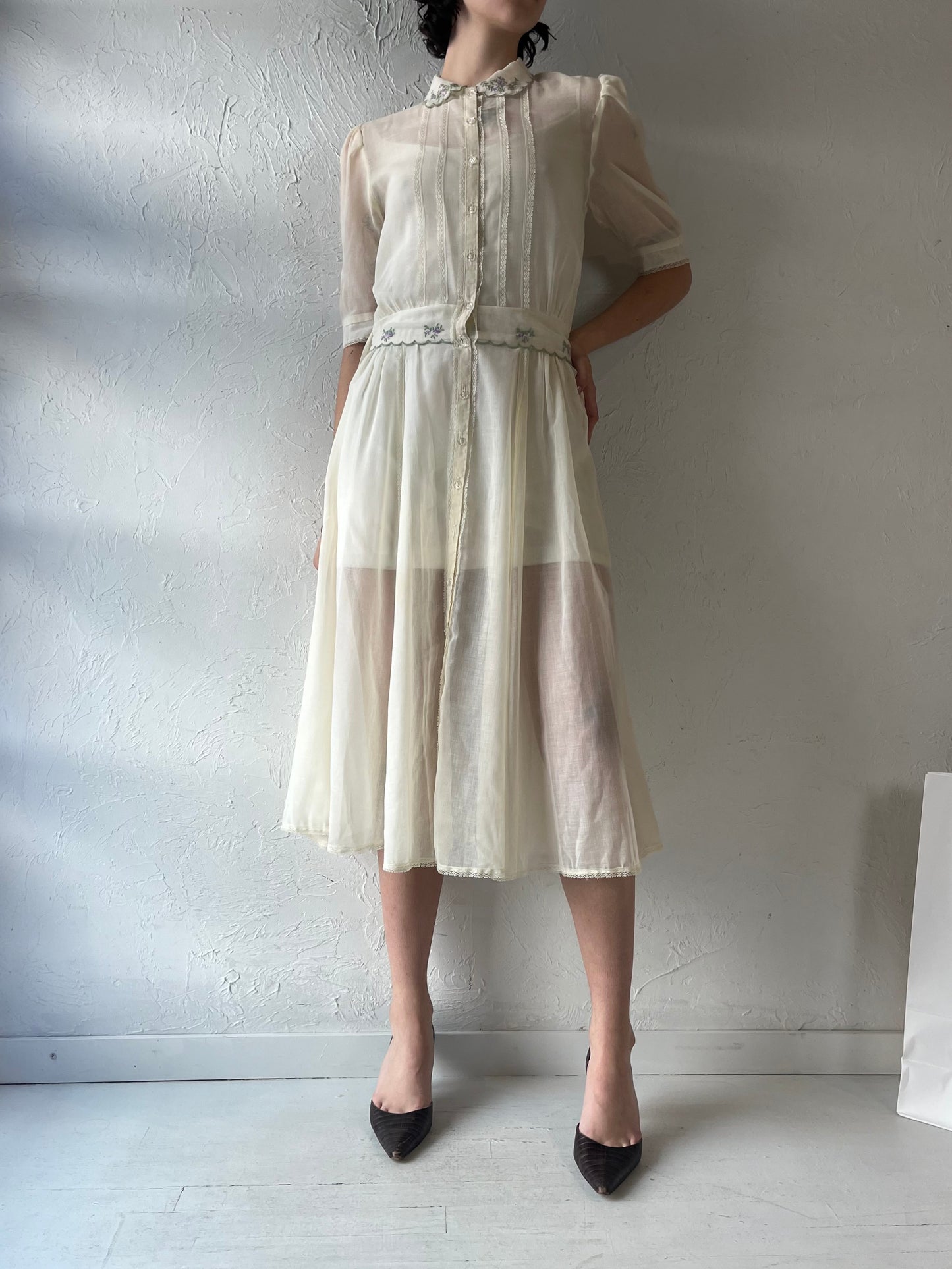 70s 'Gunne Sax' Sheer Cream Cotton Dress / Small