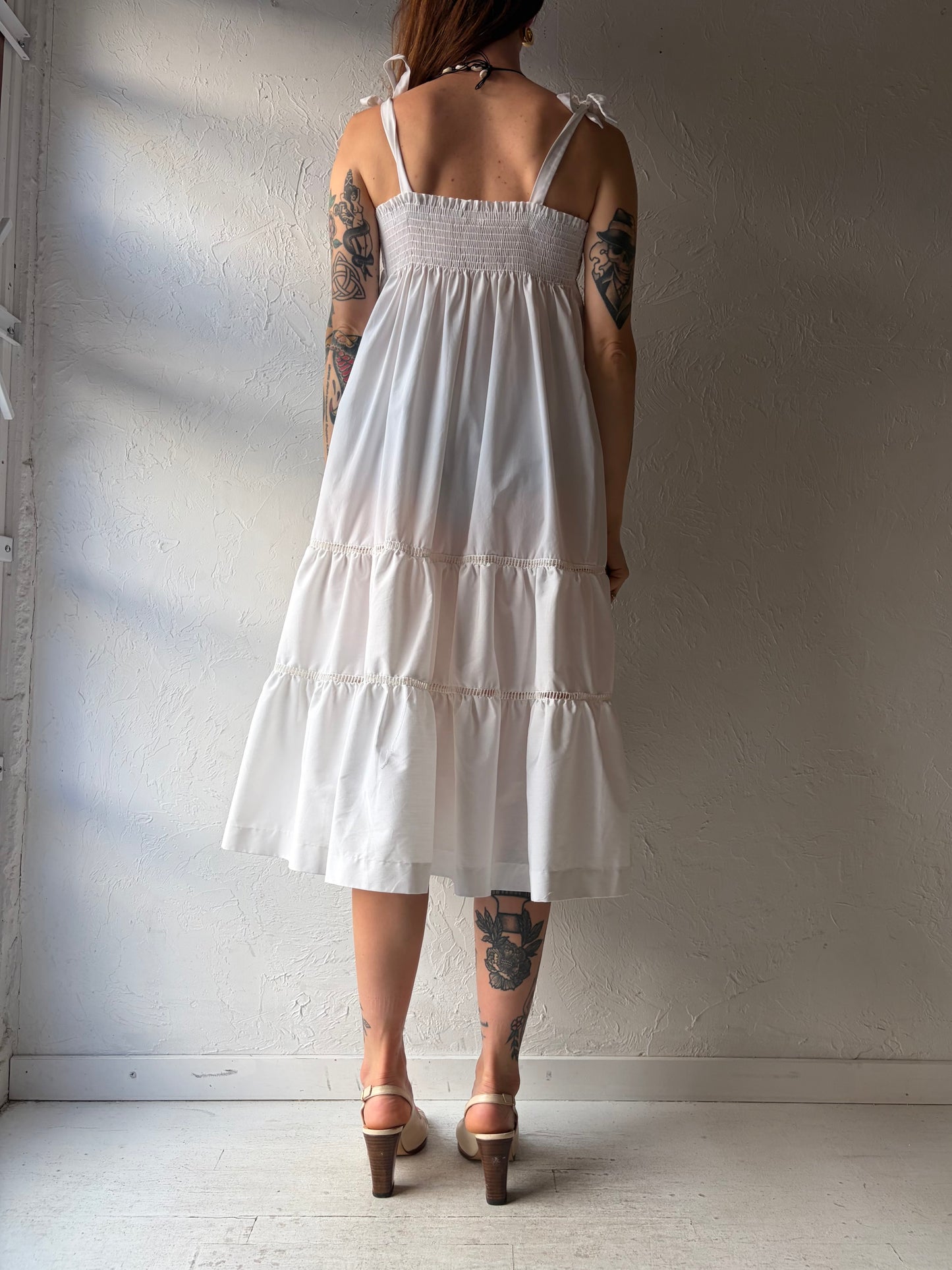 Vintage Handmade Tiered White Cotton Midi Dress / Small