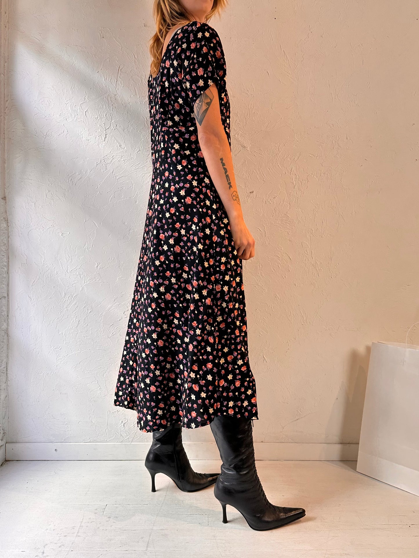 90s 'Rabbit Jr' Black Floral Print Maxi Dress / Large