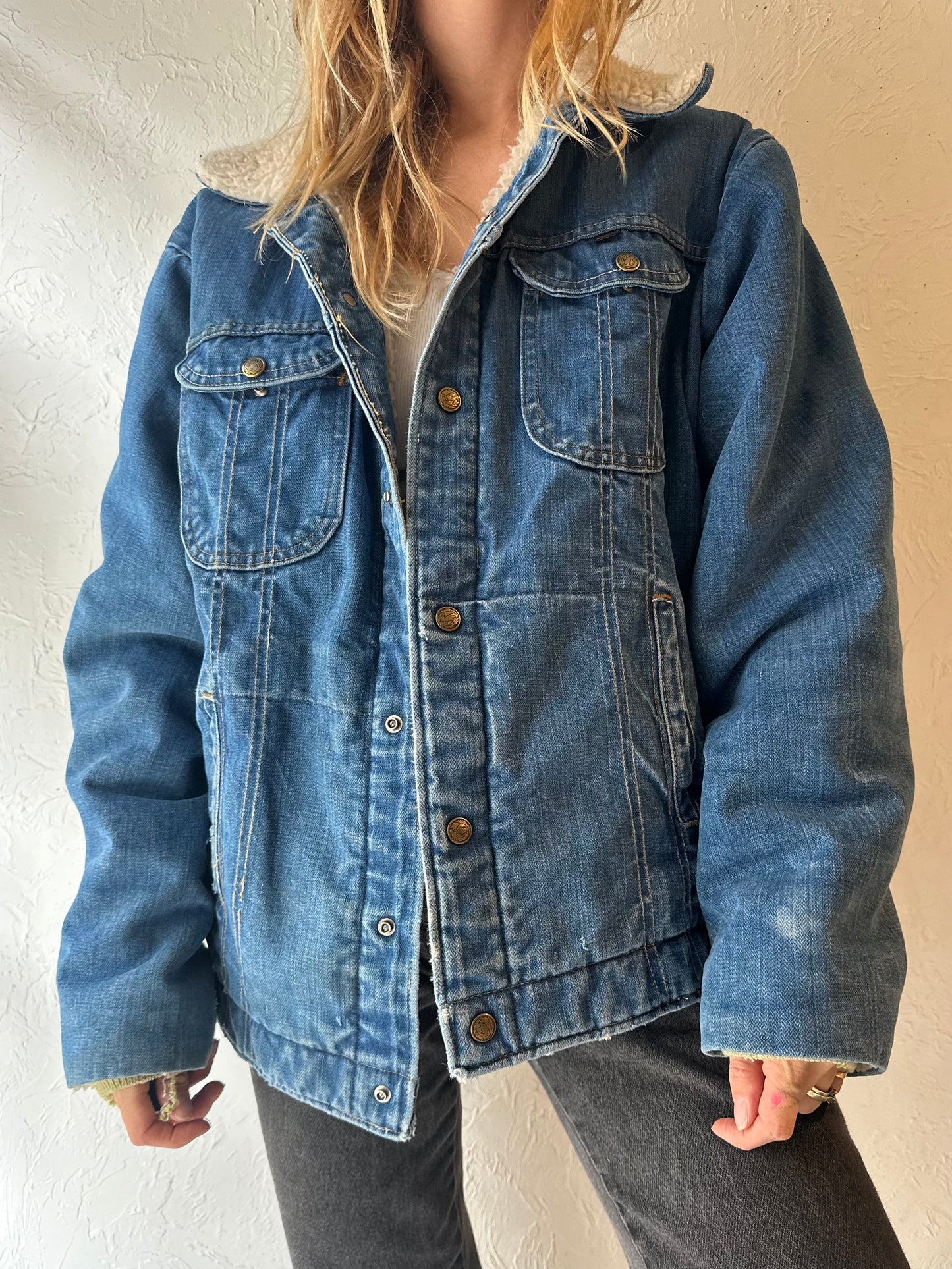 80s ‘Key’ Faux Shearling Lined Denim Jacket / Large