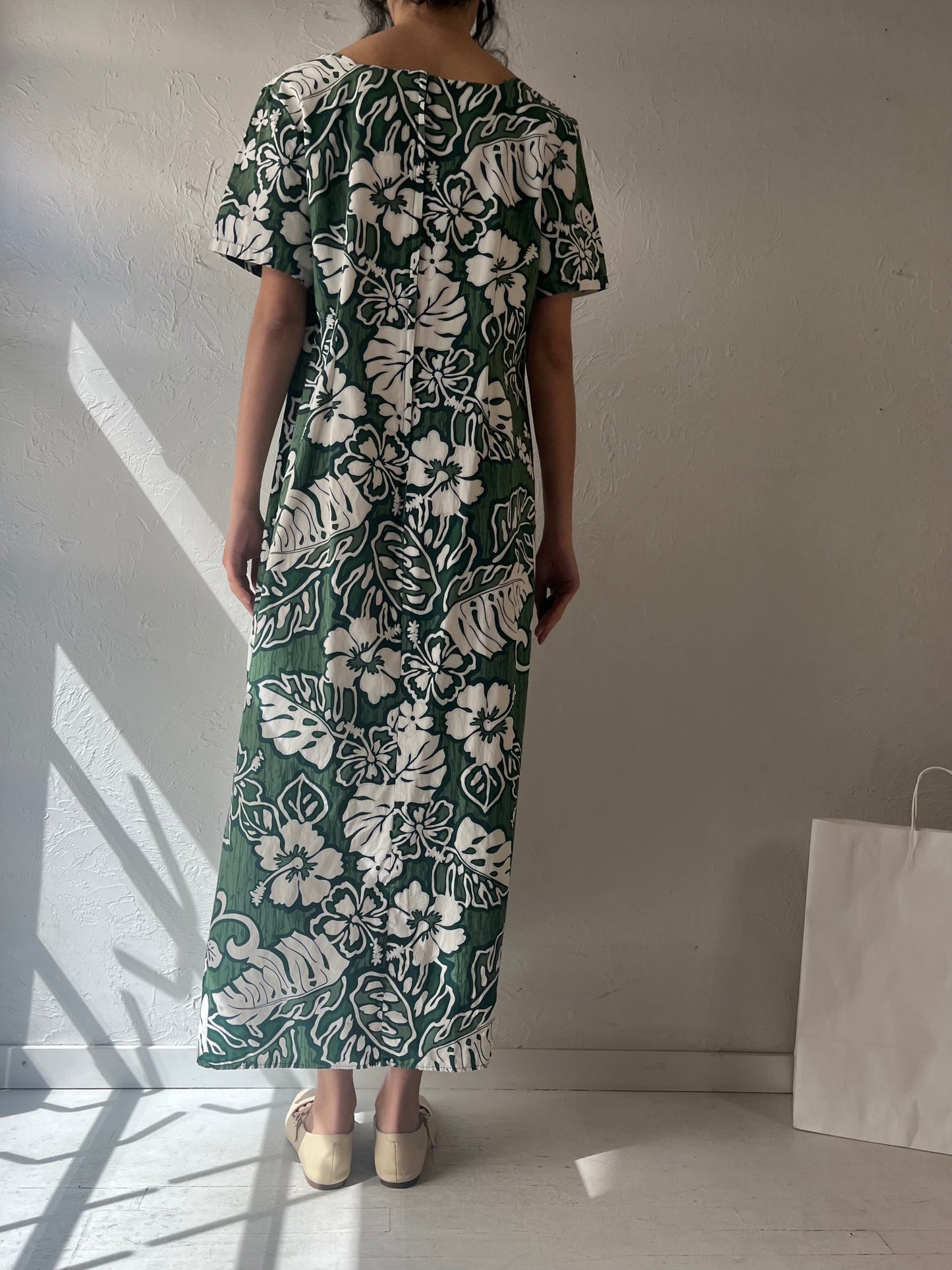 80s 'Hoku' Green Hawaiian Print Floral Muu Muu Dress / Medium