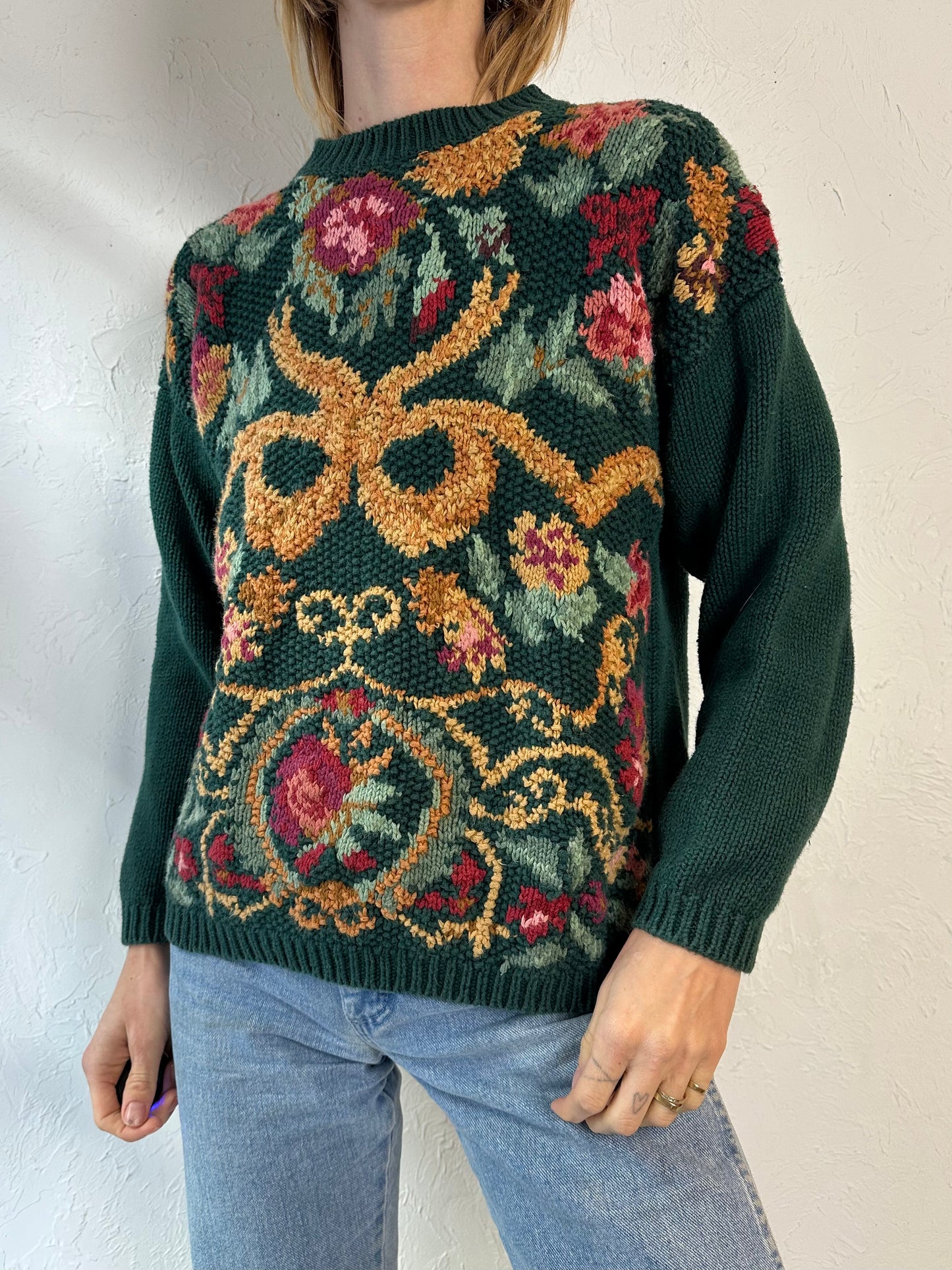 Y2K 'Rachel Max' Green Floral Knit Sweater / Medium