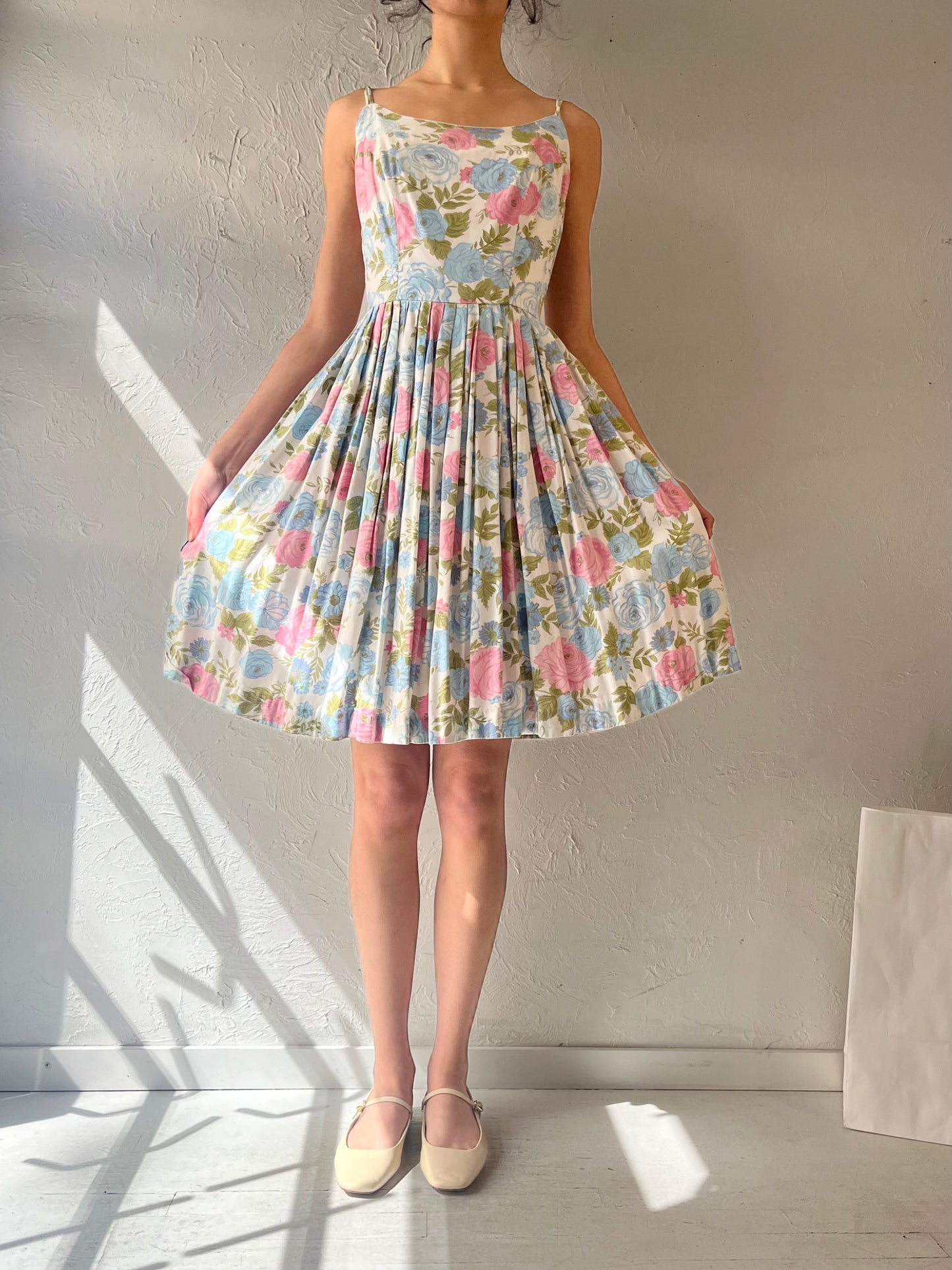 60s Cotton Floral Print A line Spaghetti Strapped Sun Dress / Small