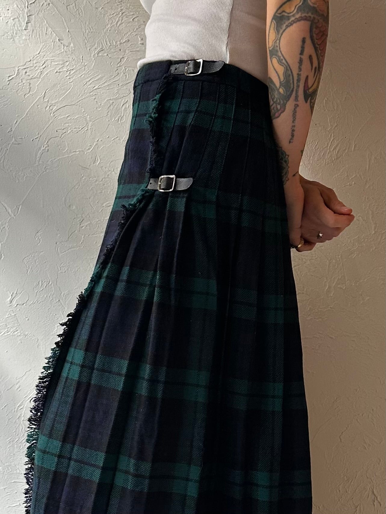 90s 'Laird-Portch' Pleated Navy Blue Plaid Wool Maxi Skirt / Small