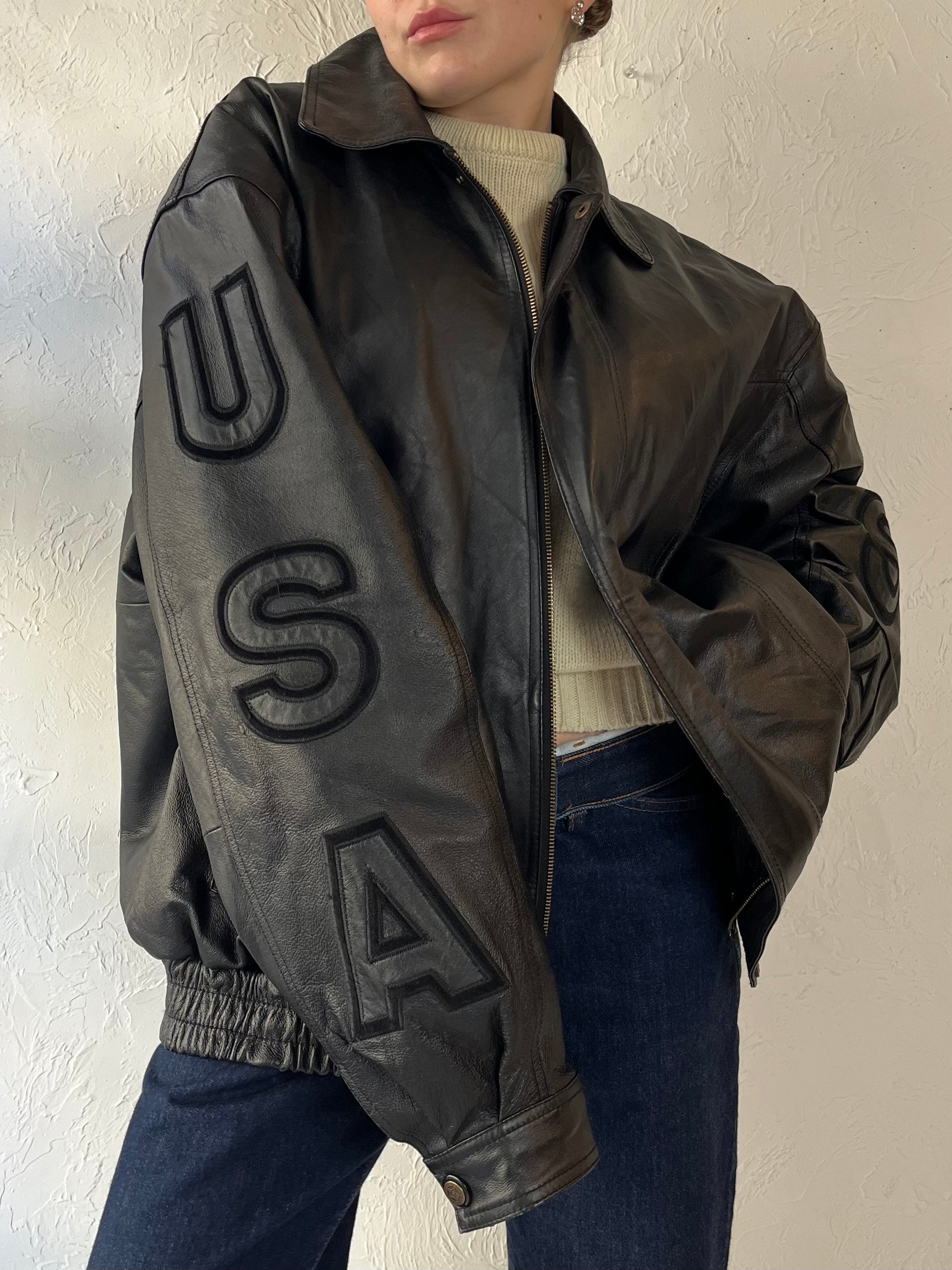 90s ‘USA’ Black Leather Bomber Jacket / XL