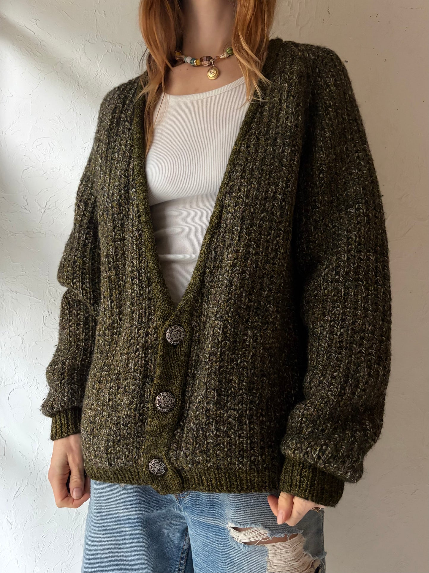 Vintage Hand Knit Lined Cardigan Sweater / Medium