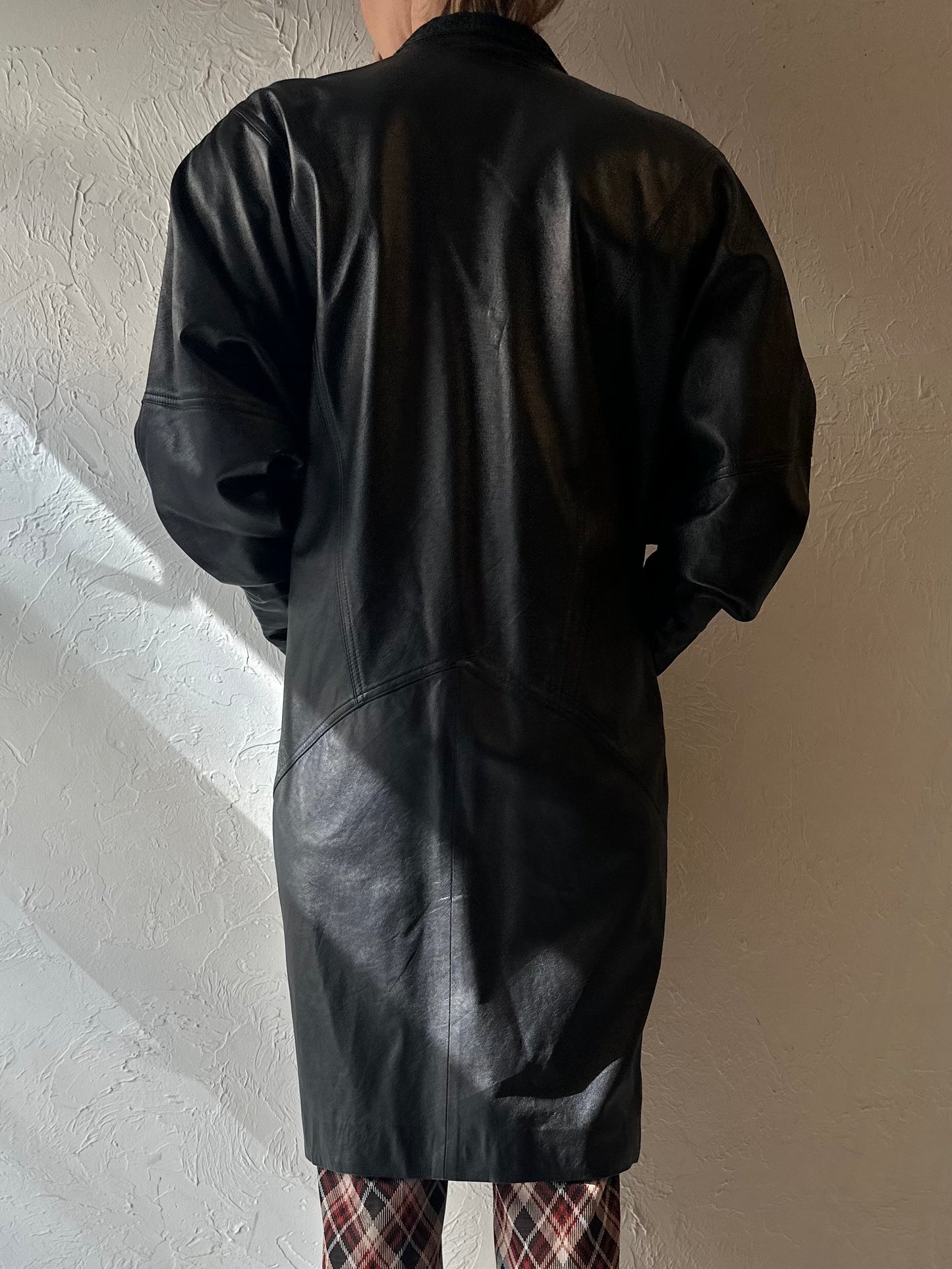 80s Black Leather Coat / Medium