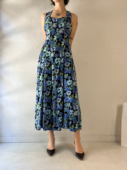90s 'All That Jazz' Blue Floral Print Dress / Medium