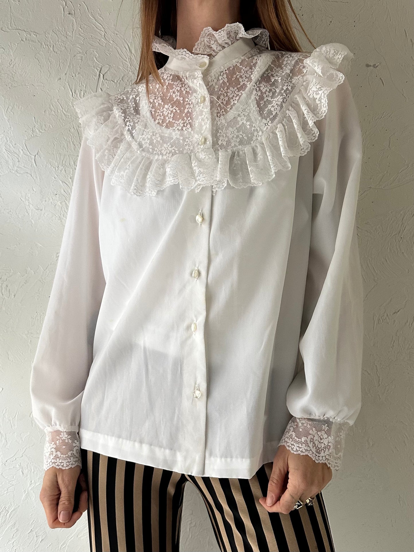70s White Ruffle Lace Prairie Blouse / Medium