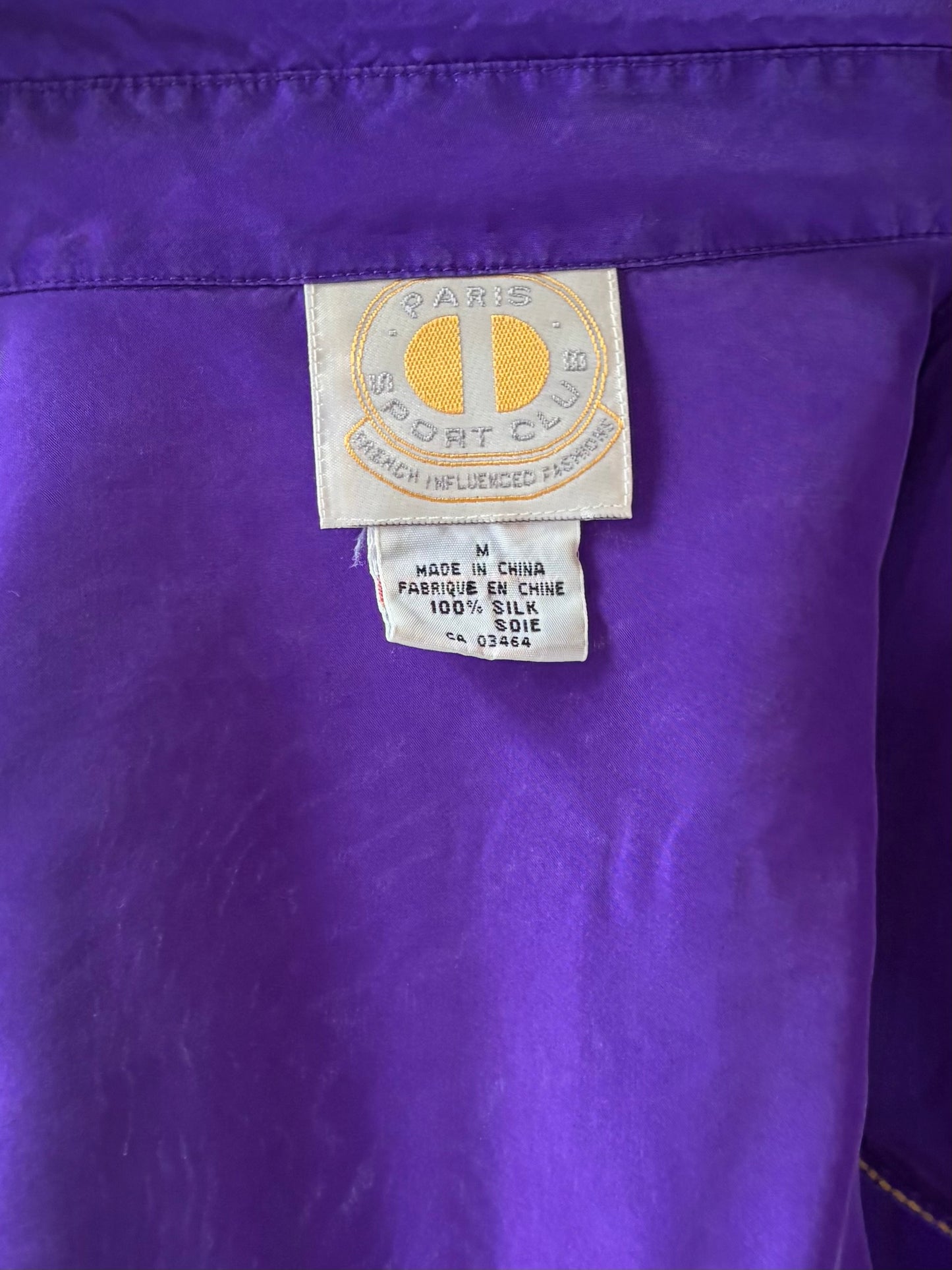 90s 'Paris Sport Club' Purple Silk Button Up Shirt / Medium