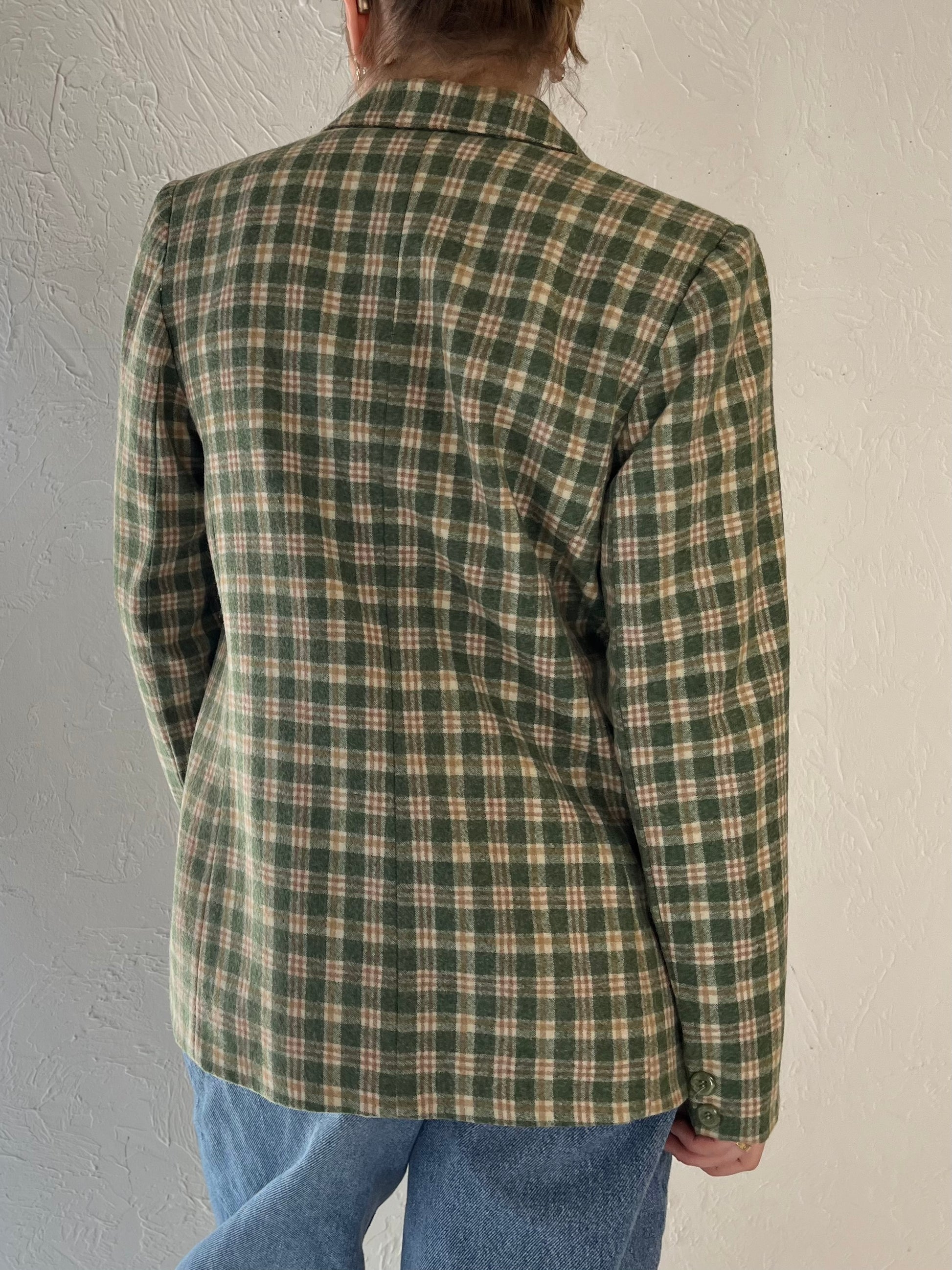 Vintage Green Plaid Knit Blazer Jacket / Small