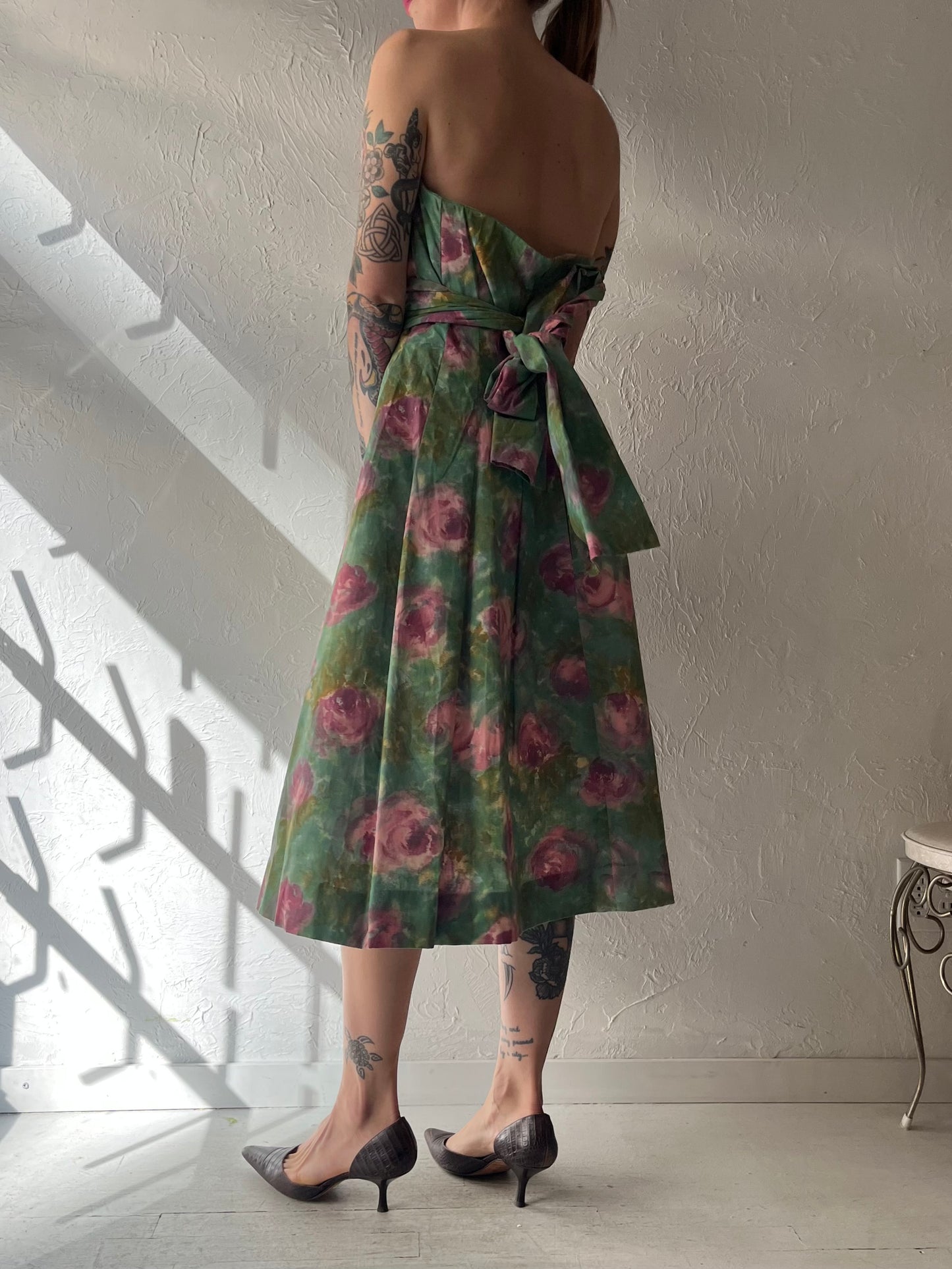 50s Handmade Floral Strapless Midi Dress / Medium