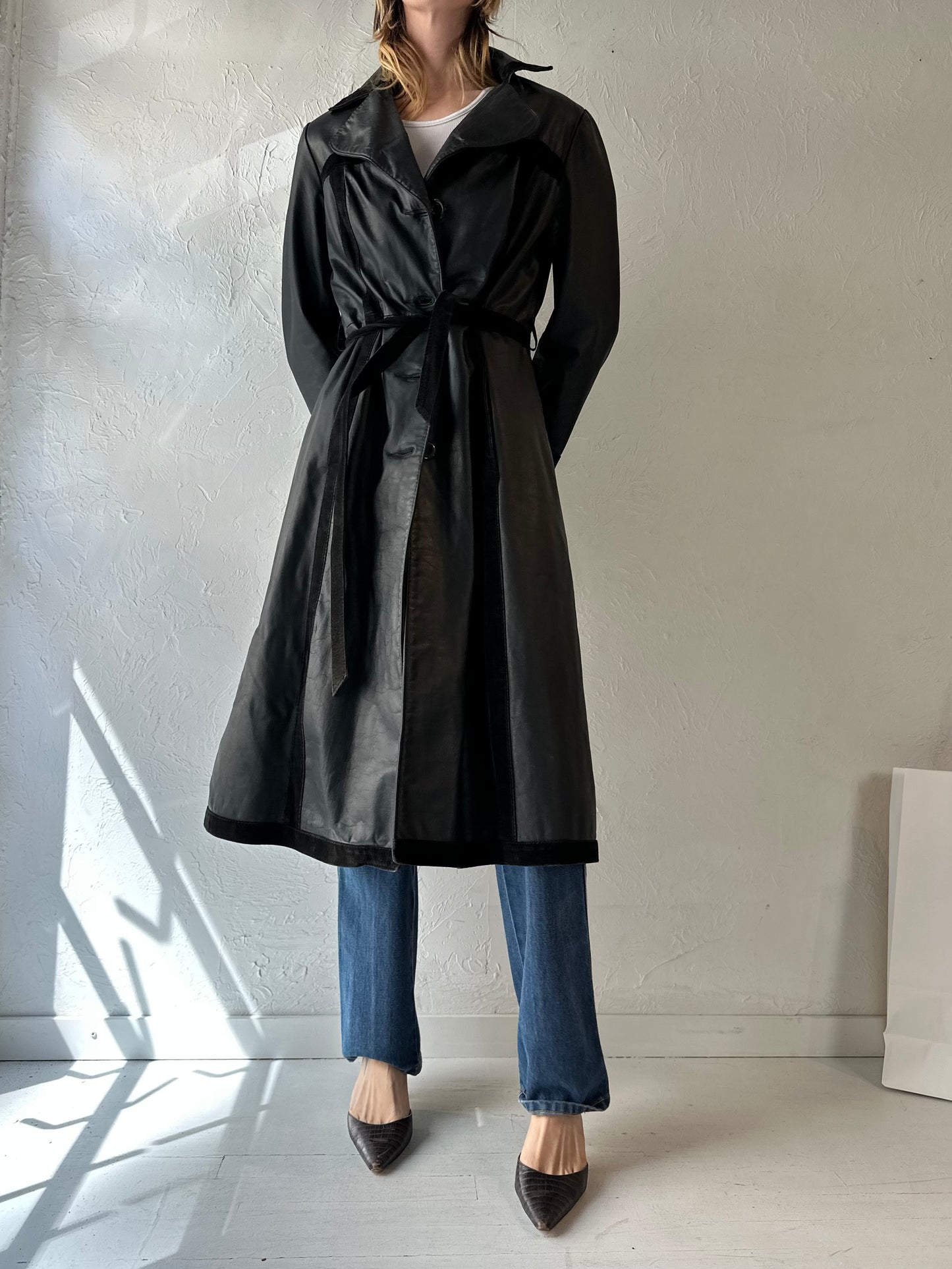Vintage 'Sears' Black Leather Trench Coat / Small