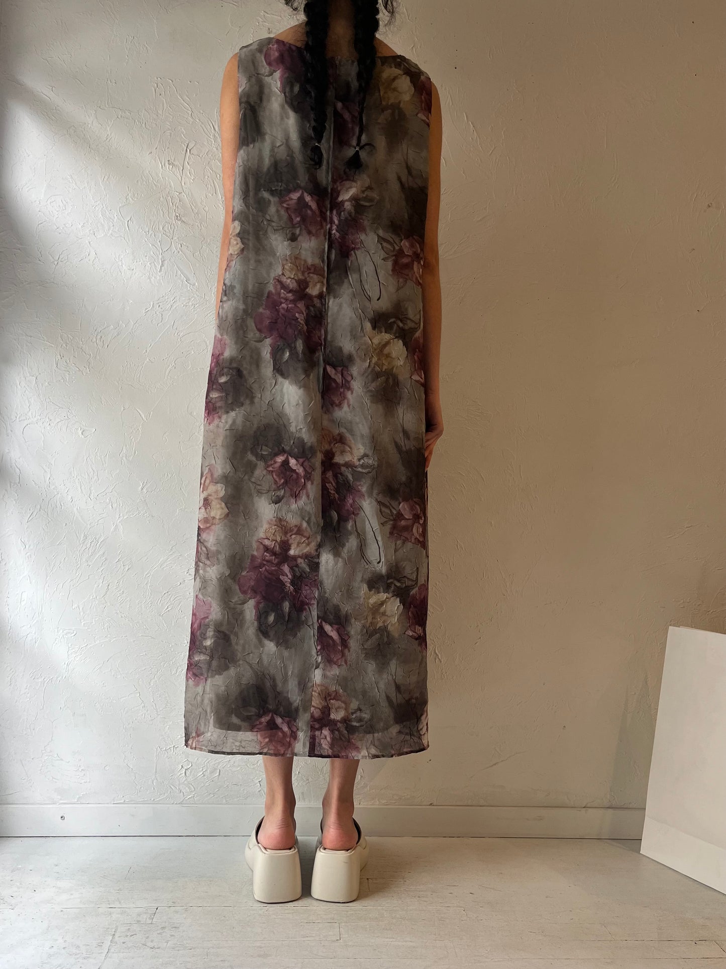 90s ‘SL Fashions’ Green Crinkle Floral Maxi Dress / Large