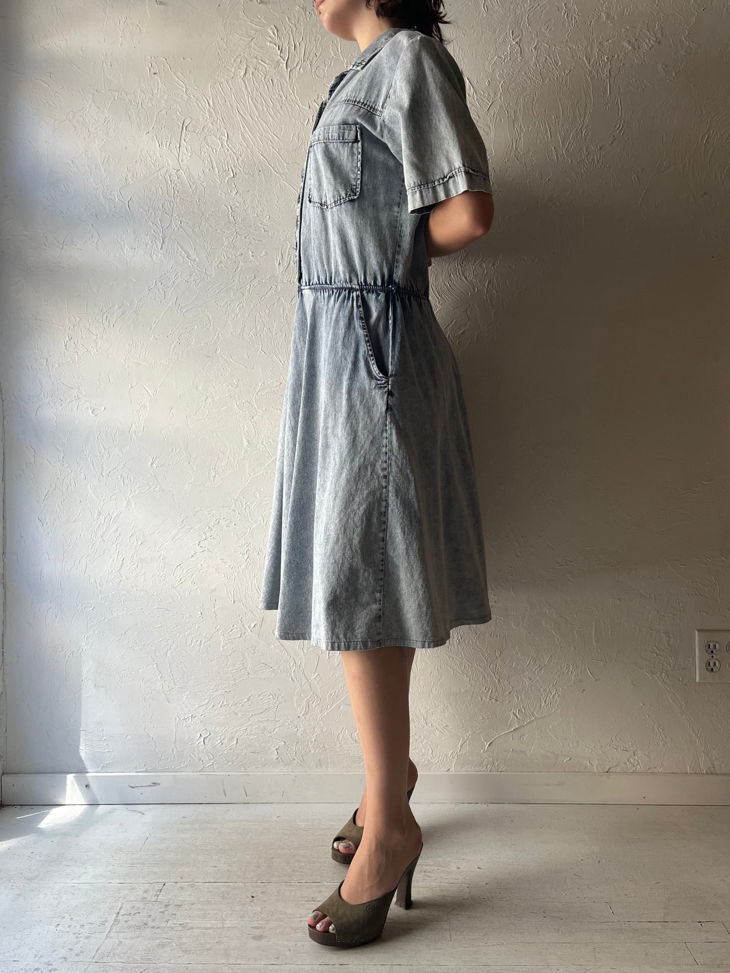 90s 'Two Roads' Acid Wash Denim Retro Grunge Shirt Dress / Medium