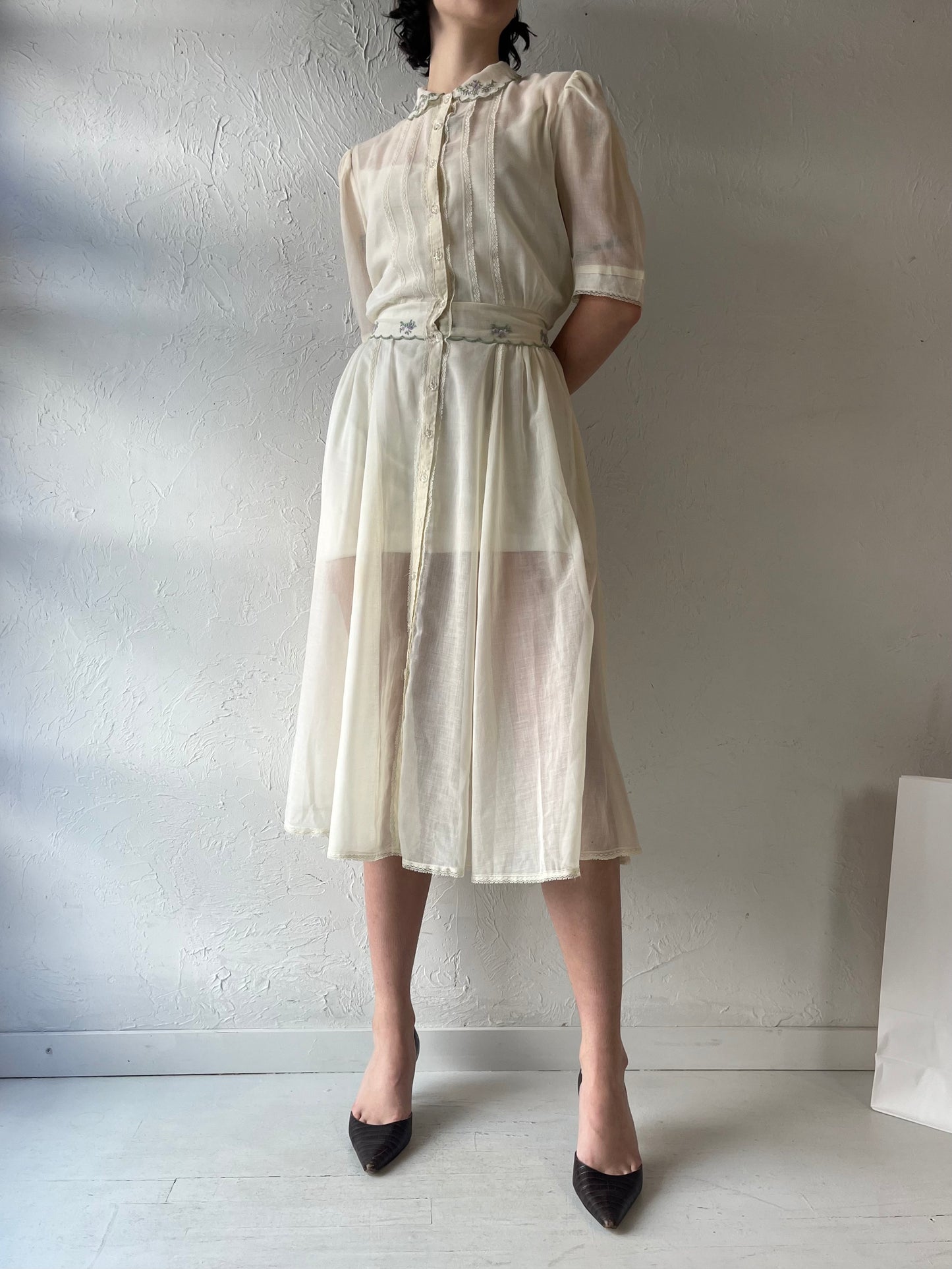 70s 'Gunne Sax' Sheer Cream Cotton Dress / Small