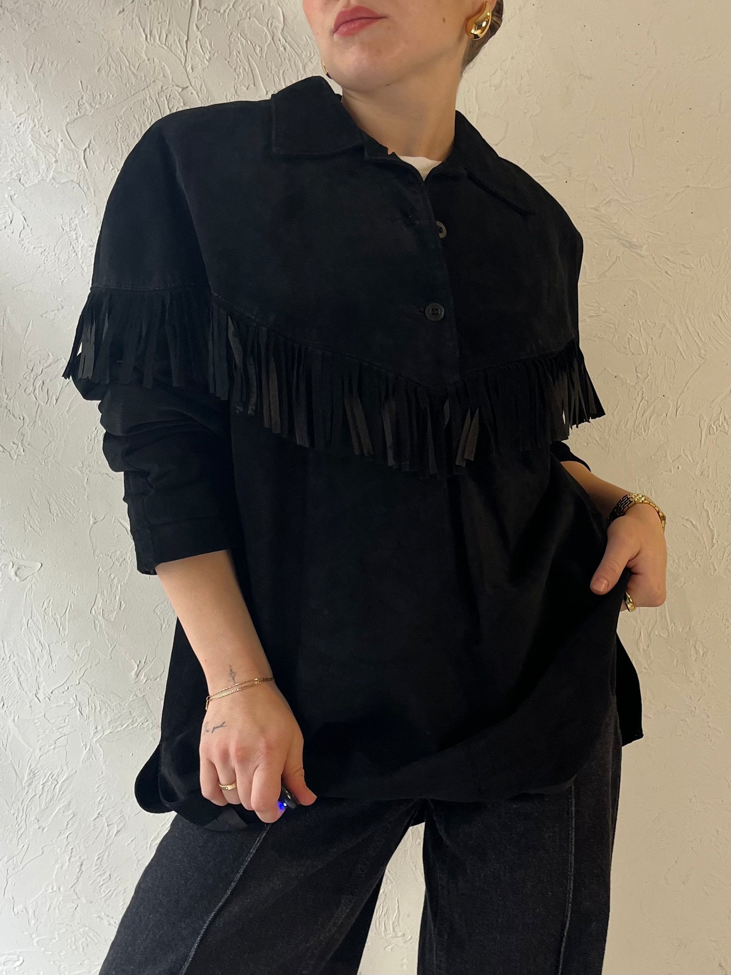 90s 'Danier' Black Suede Fringe Pullover Jacket / Large