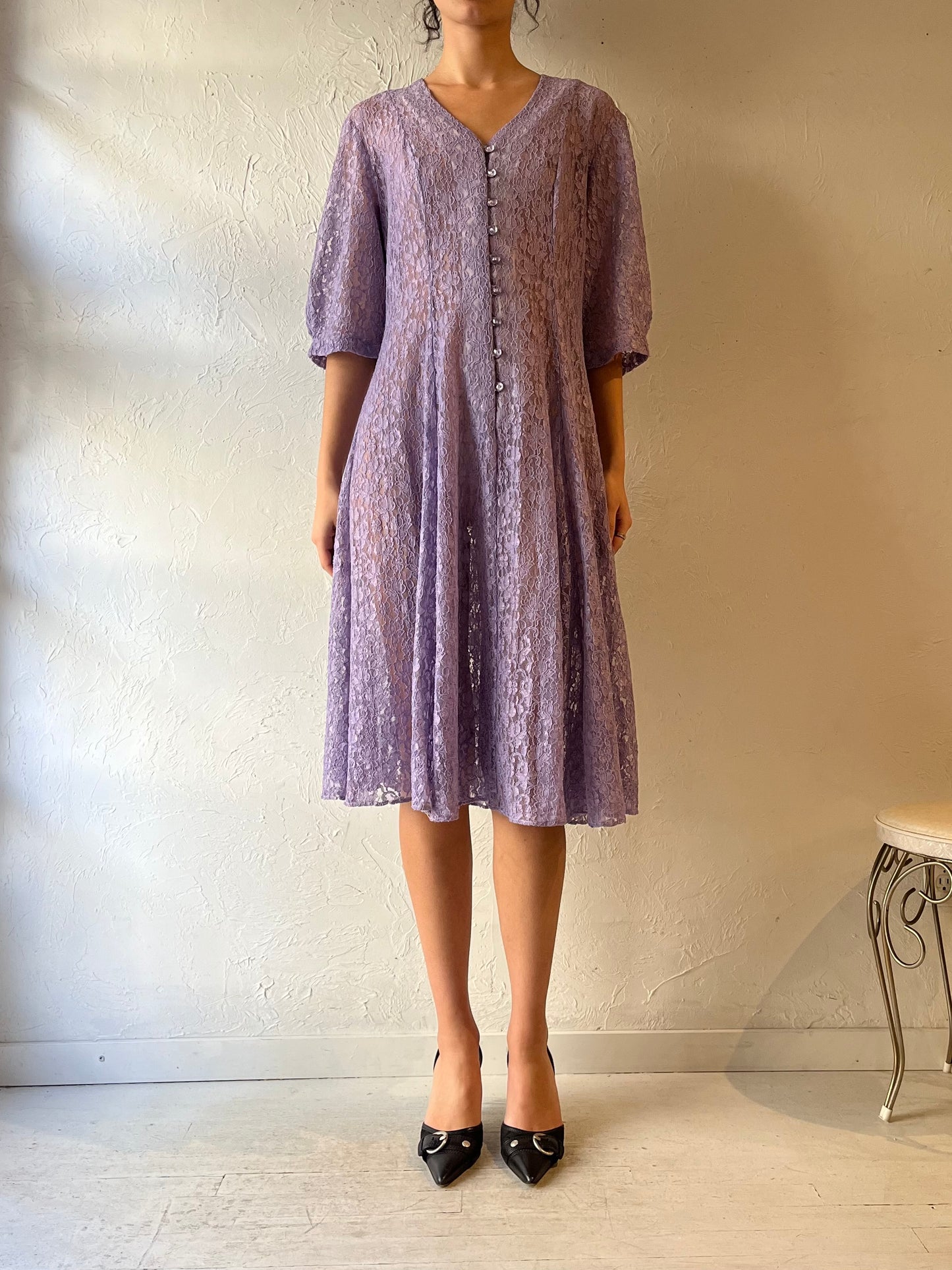 90s Purple Sheer Lace Midi Dress / Medium