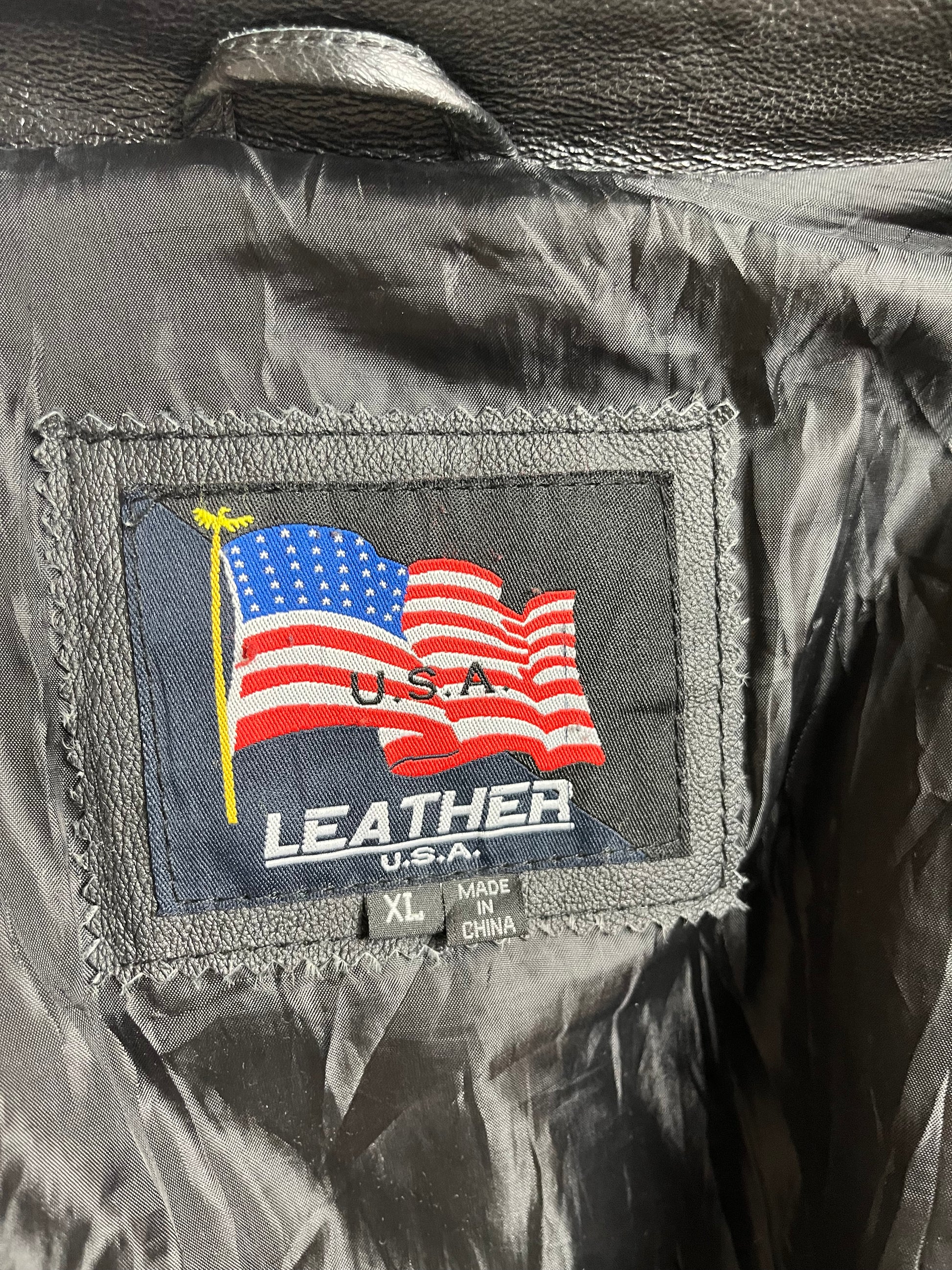 90s ‘USA’ Black Leather Bomber Jacket / XL