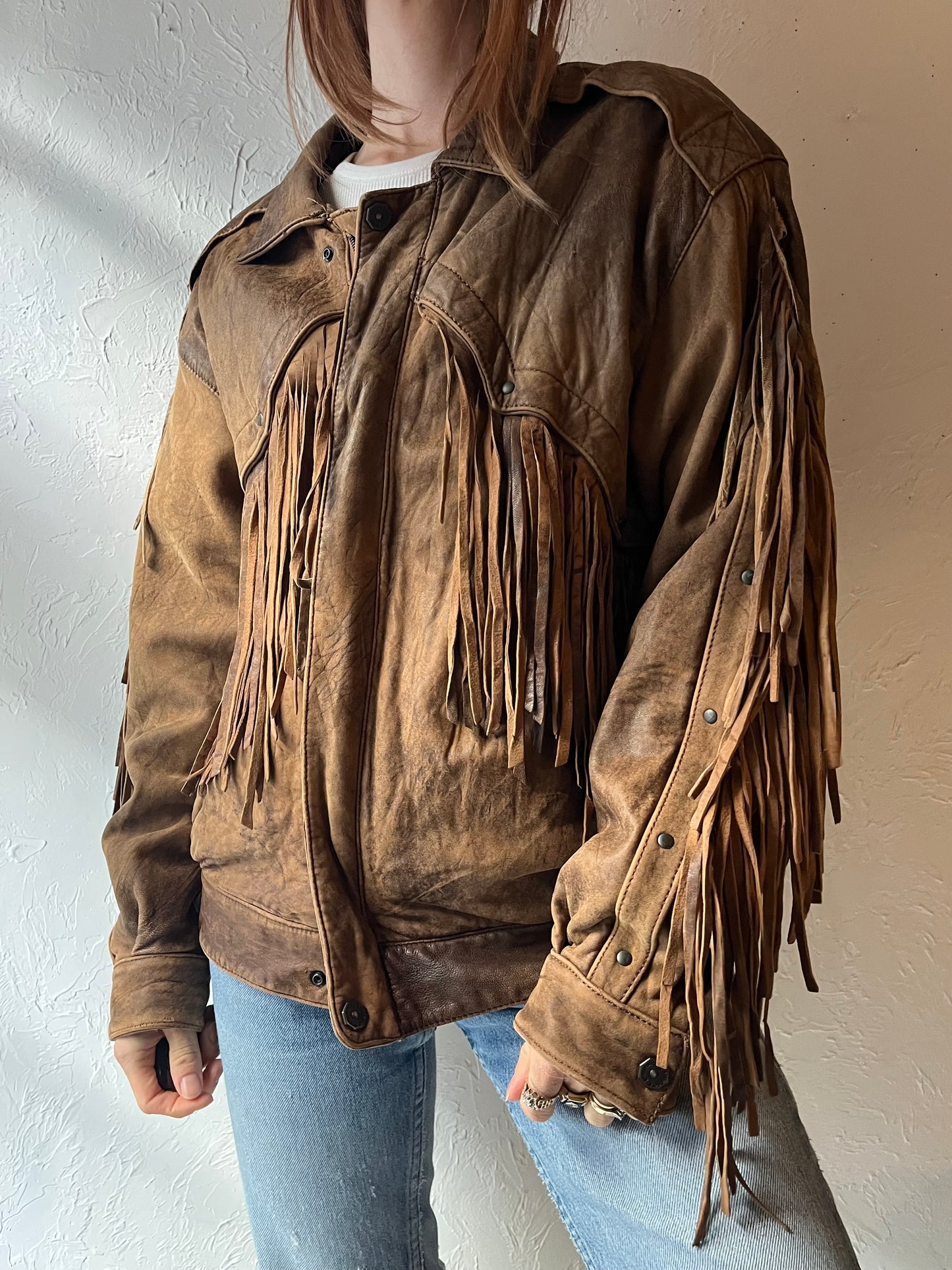 80s ‘Mirage’ Brown Fringe Leather Bomber Jacket / Medium