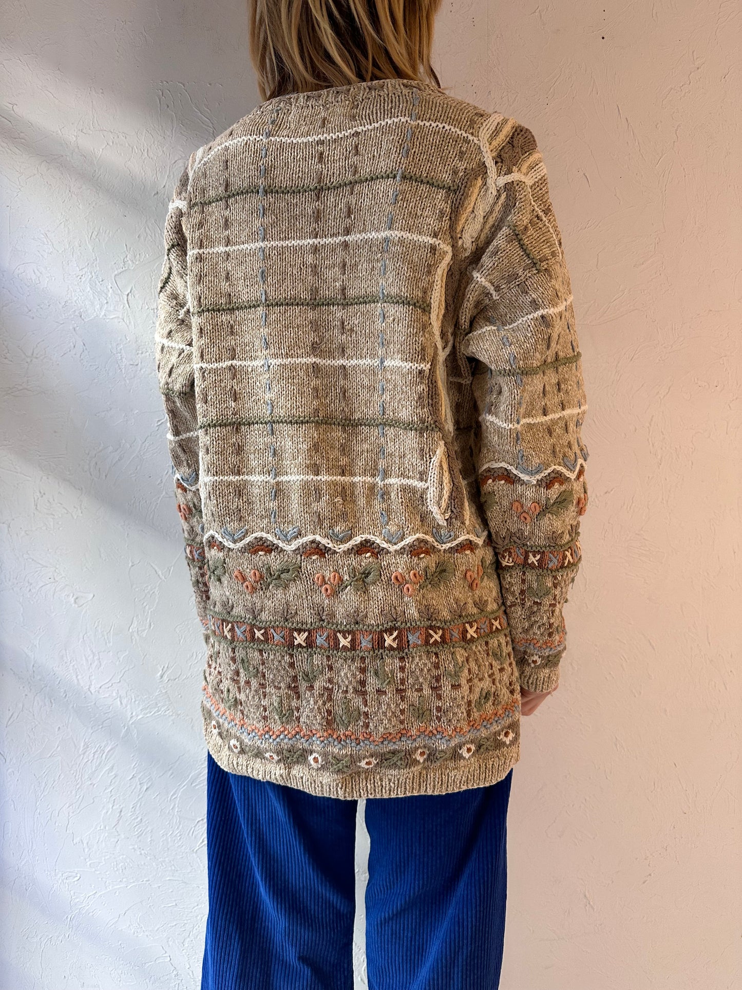Vintage 'Portraits' Cotton Ramie Floral Knit Sweater / XL