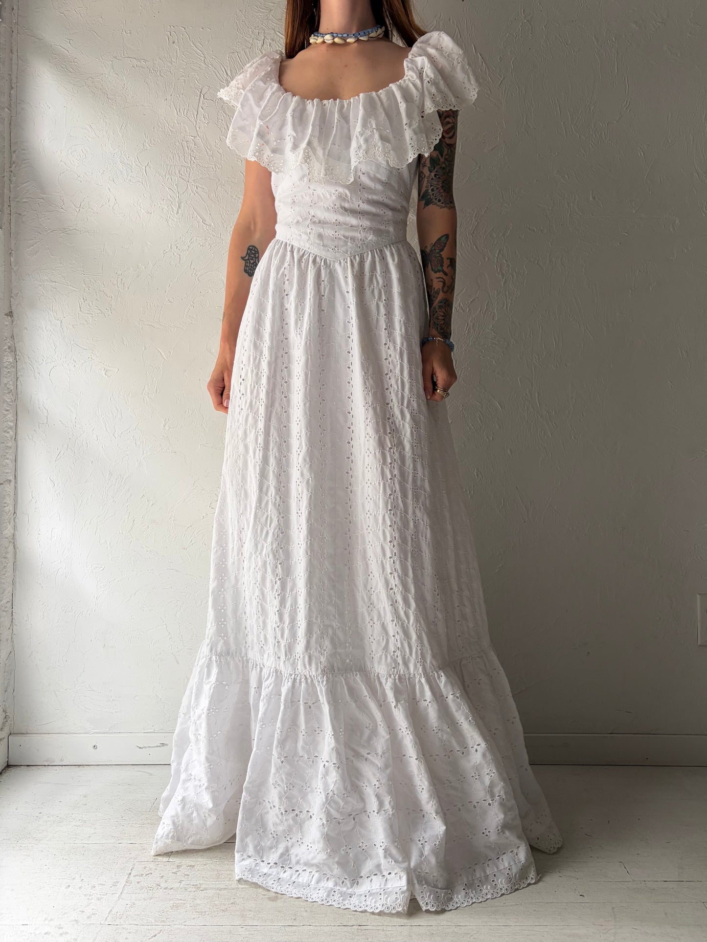 Vintage White Cotton Prairie Eyelet Dress / Medium