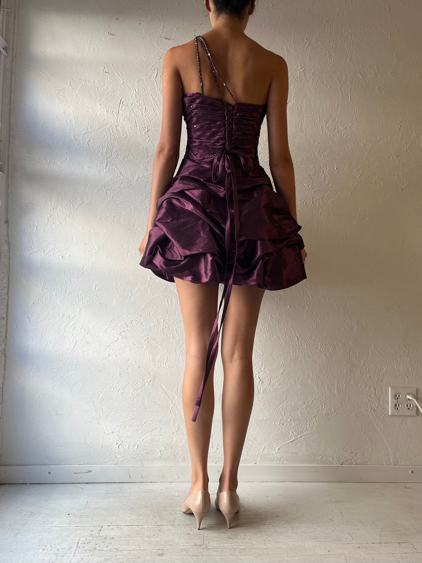 Y2k 'Aspeed' Burgundy Formal Metallic Bubble Mini Dress /XS