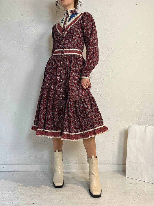 70s 'Gunne Sax' Long Sleeve Burgundy Floral Peasant Dress / Small