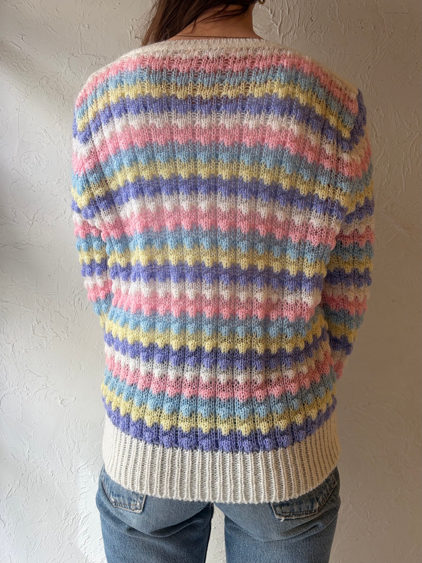 80s 'Liz Moody' Pastel Rainbow Striped Acrylic Knit Sweater / Medium