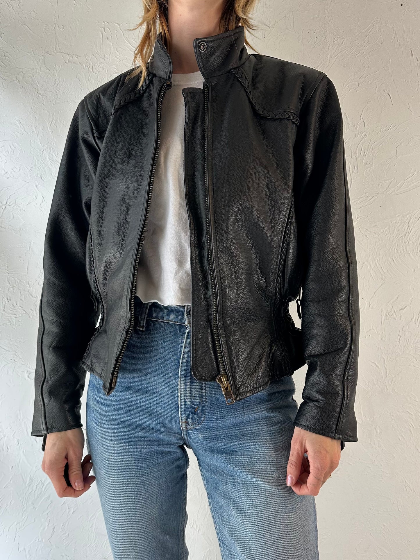 90s 'Hot Leathers' Heavy Duty Black Leather Jacket / Medium