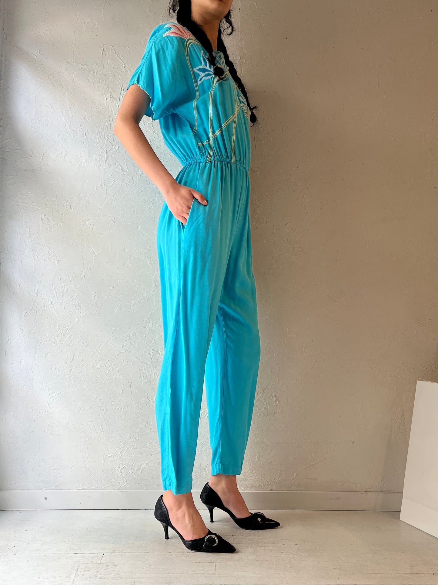 70s ‘Hibis’ Blue Crochet Jumpsuit / Small