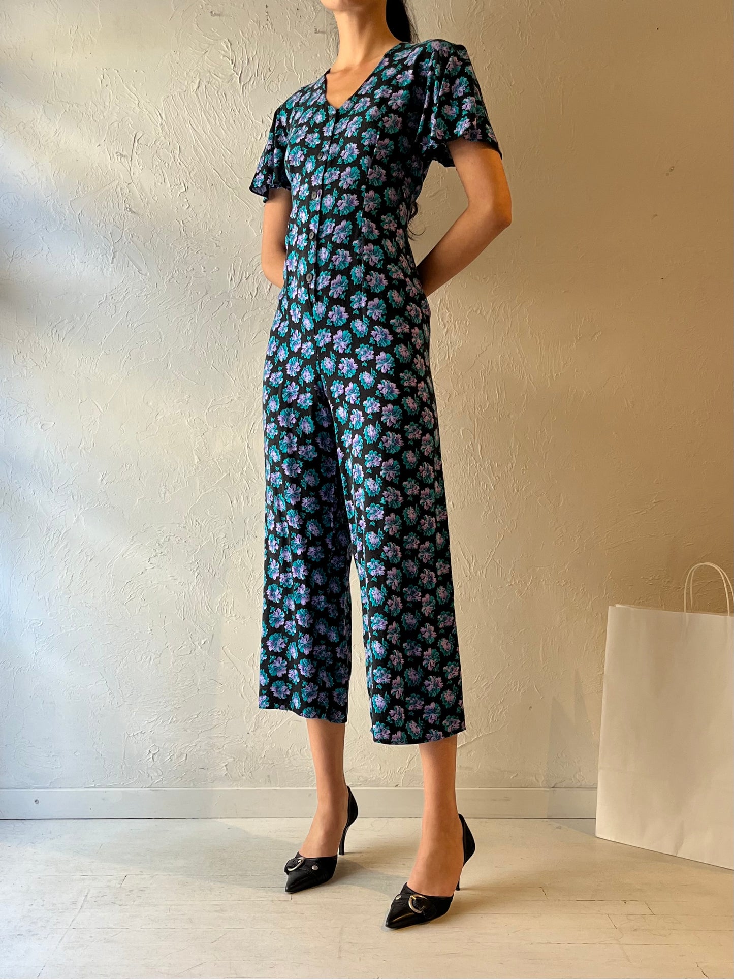 90s ‘Creme’ Blue Floral Jumpsuit / Small - Medium