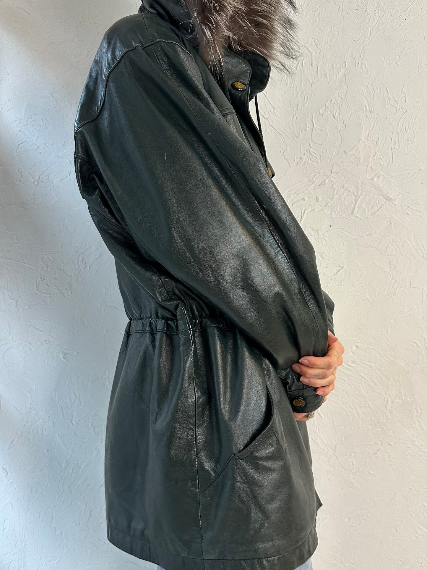 Y2k 'New Trend' Green Leather Drawstring Jacket / Medium