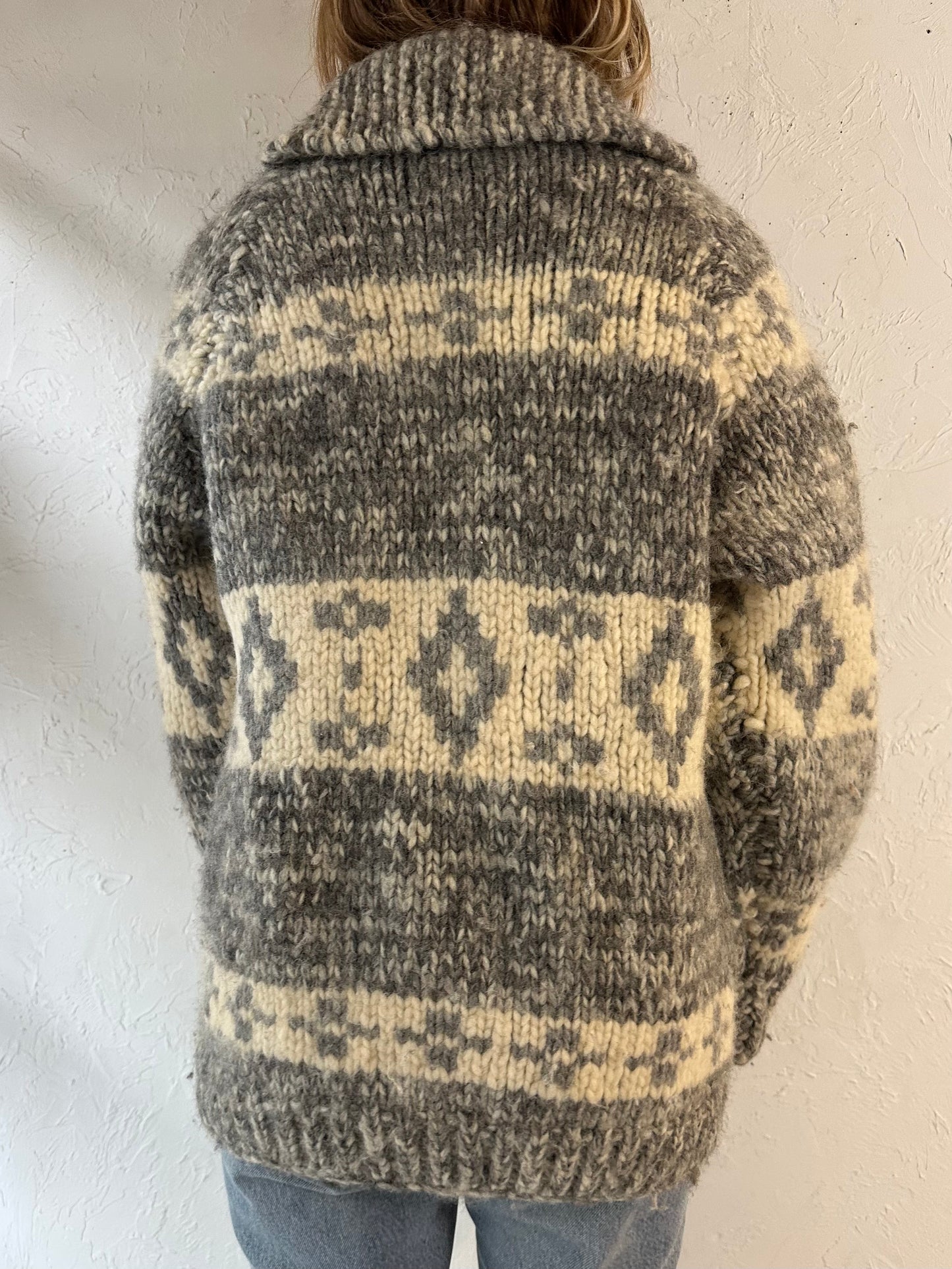 Vintage Hand Knit Gray Wool Zip Up Sweater / Medium