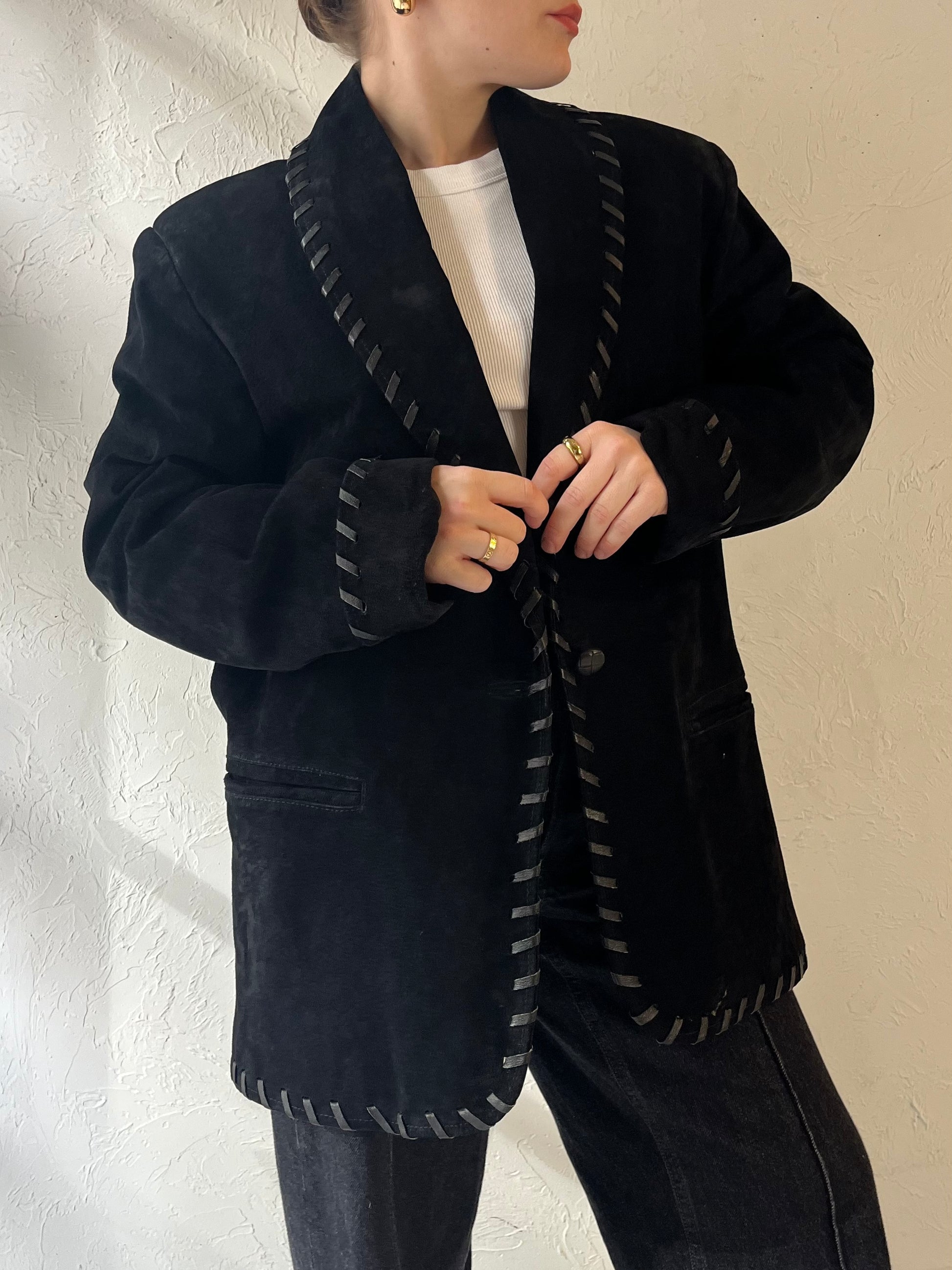 80s 'Dalmys' Oversized Black Suede Jacket / Small