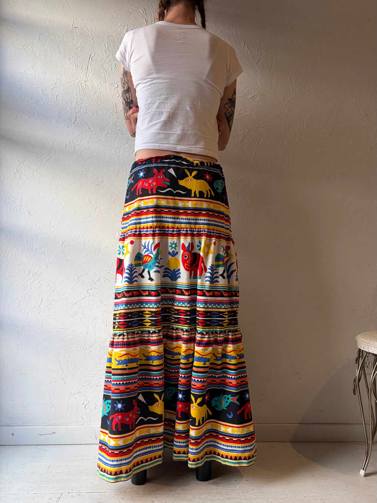70s Novelty Print Retro Maxi Skirt / Large