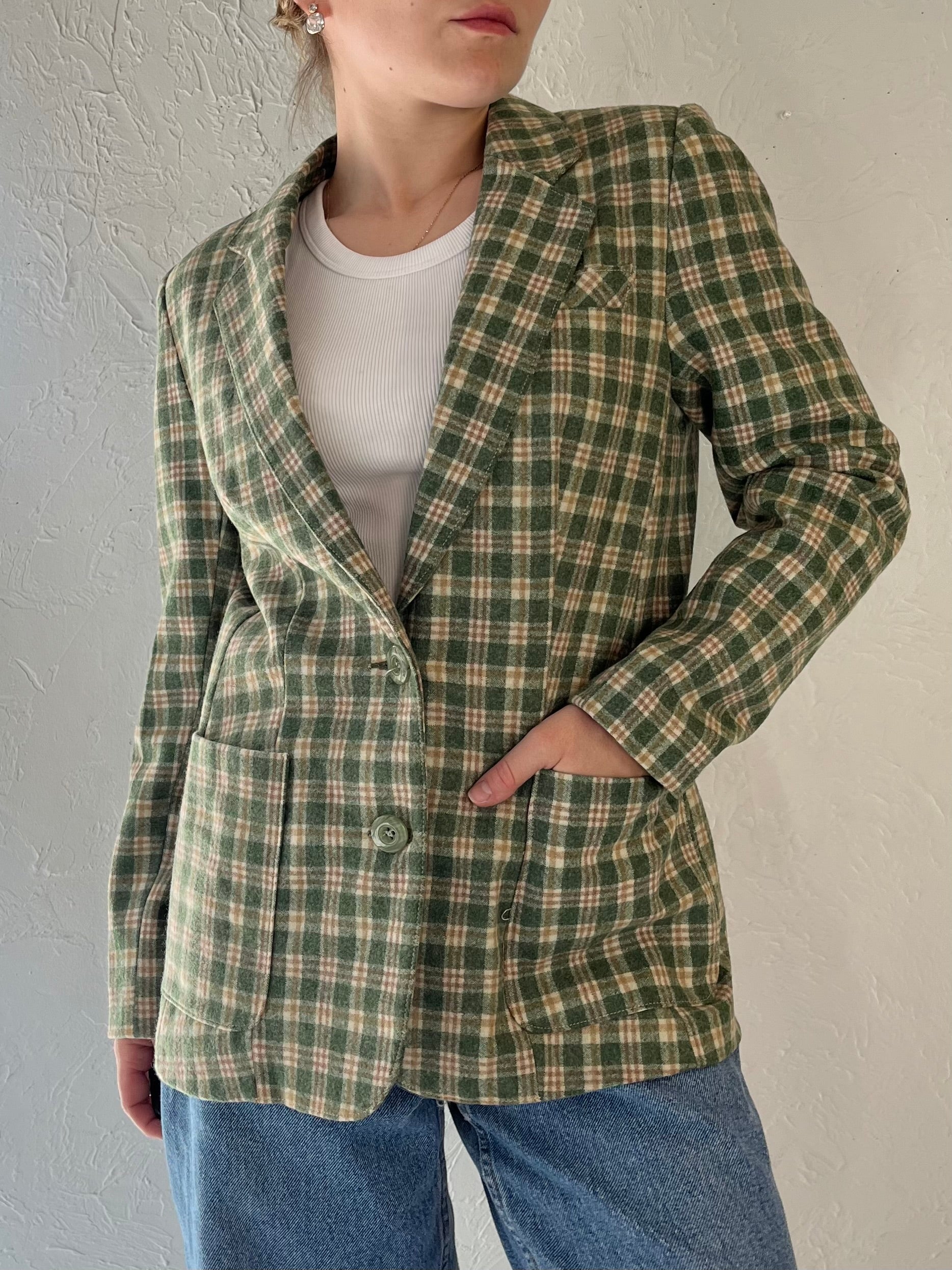 Vintage Green Plaid Knit Blazer Jacket / Small