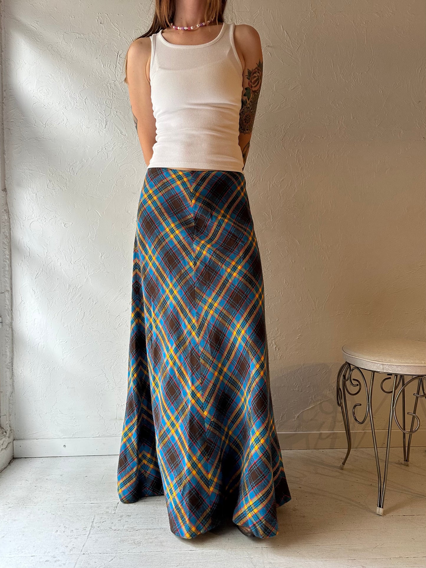 Vintage Handmade Blue Plaid Knit Maxi Skirt / Medium
