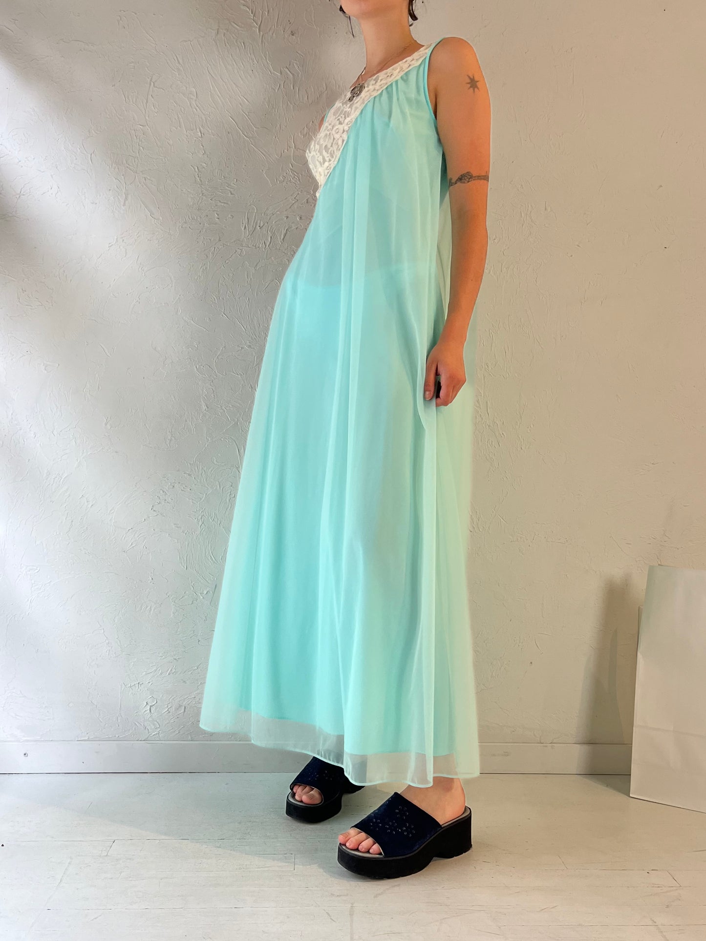 80s 'Linda Lingerie' Blue Night Gown Robe Set / Small - Medium